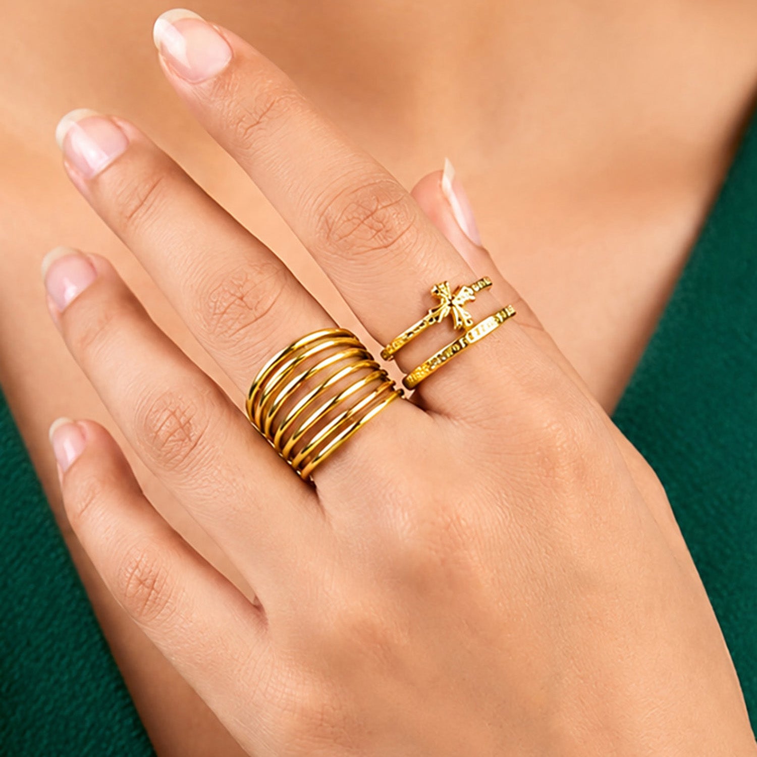 Artklim Layered Band & Butterfly Pair Ring Set Adjustable Anti-Tarnish Ring