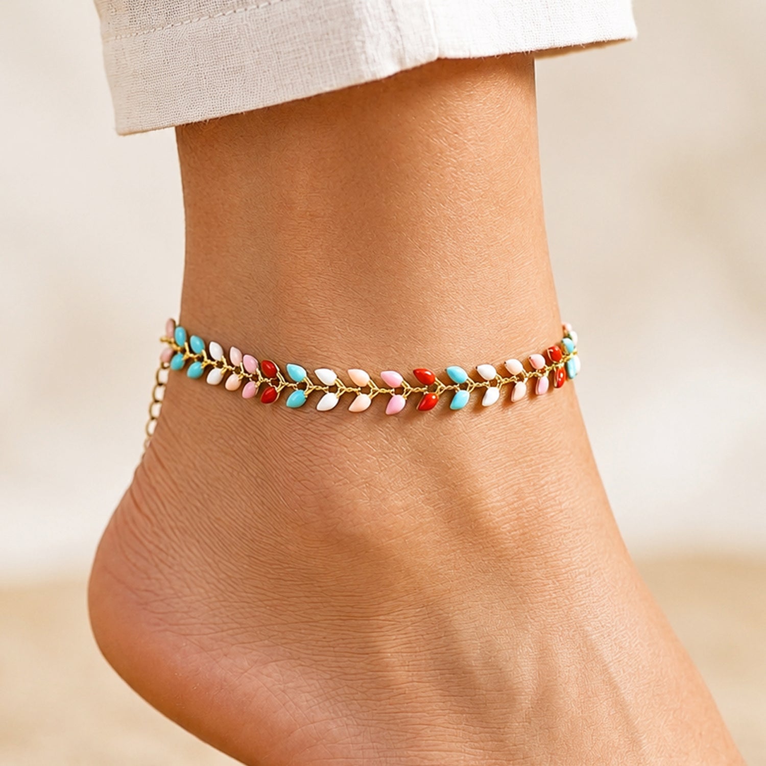 Artklim Multicolor Enamel Leaf Vine Gold Chain Anti-Tarnish Anklet