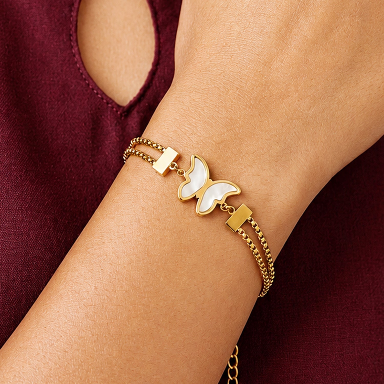 Artklim Double Chain Butterfly Gold Bracelet Anti-Tarnish Bracelet