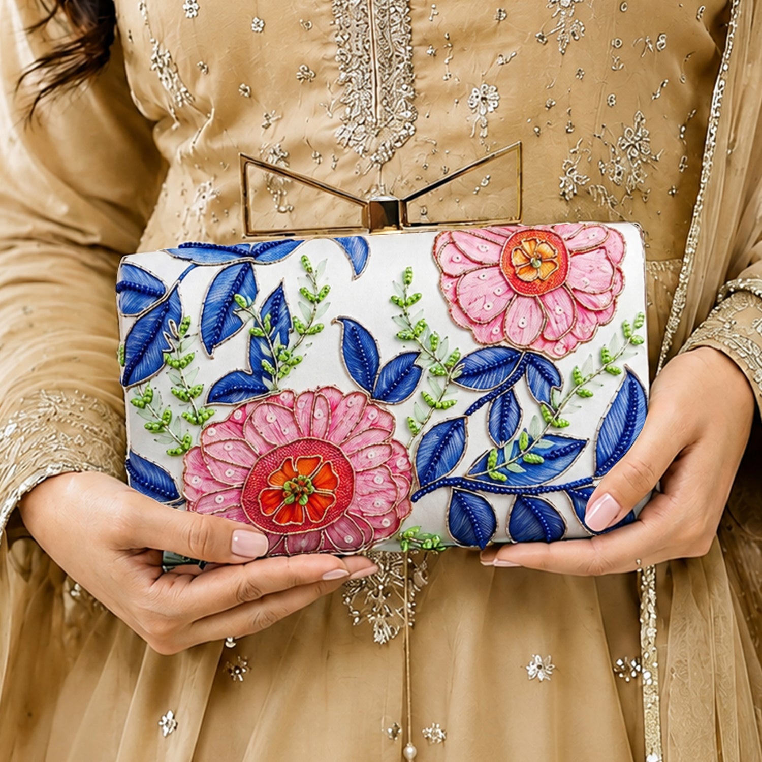 Artklim Printed White Pink & Blue Floral Designer Clutch with Hand Embroidery