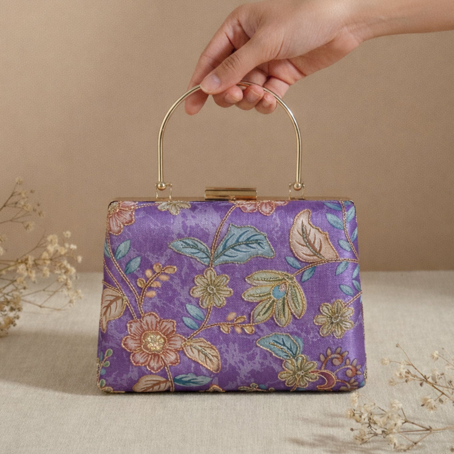 Artklim Lavender Floral Embroidered Clutch