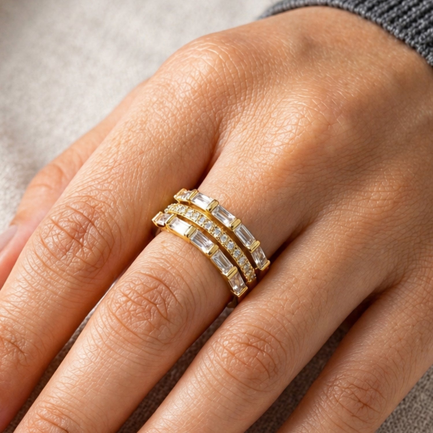 Artklim Triple Band Baguette Stone Anti-Tarnish Ring