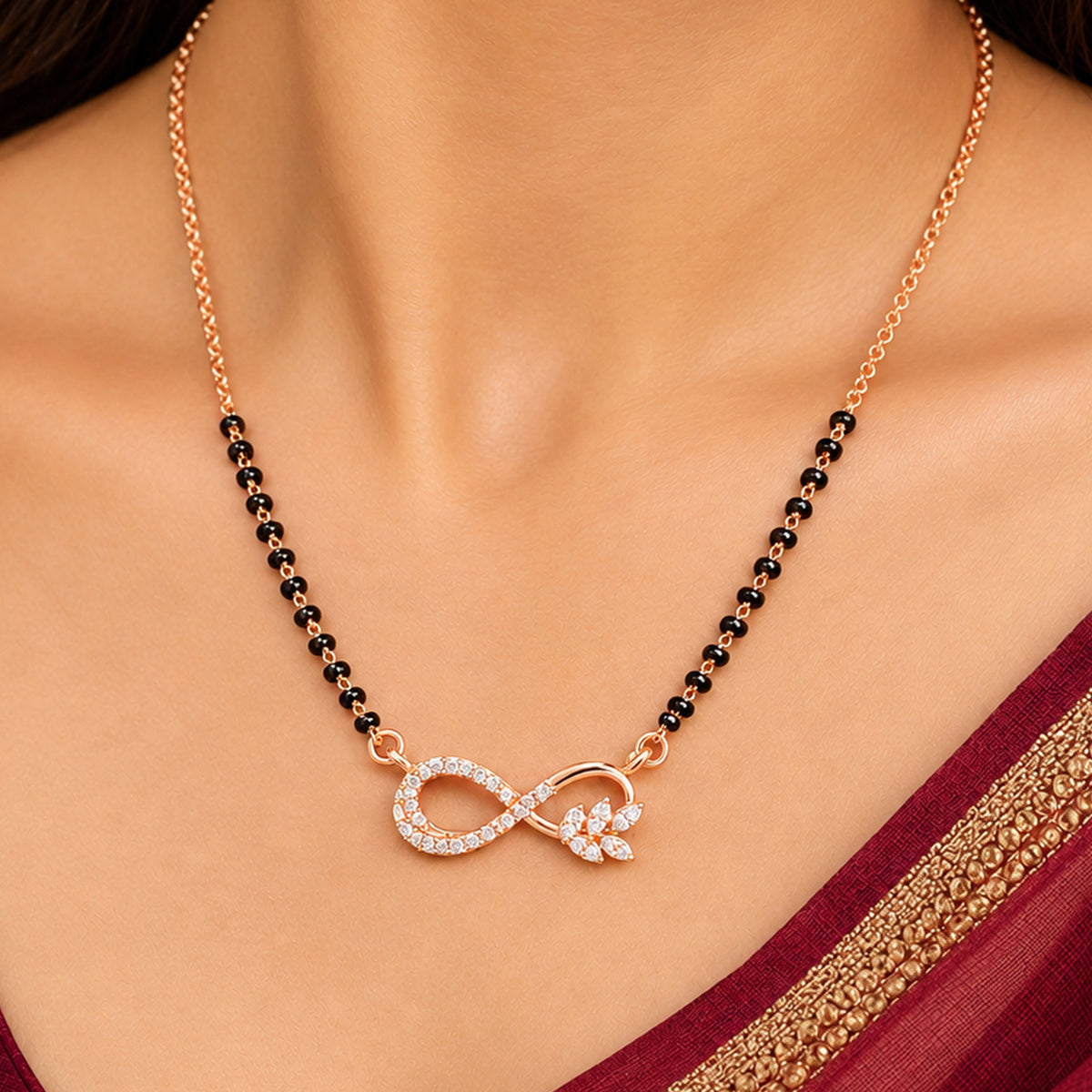 Artklim Elegant Rose Gold-Plated Infinity Pendant Mangalsutra with Black Beads for Women