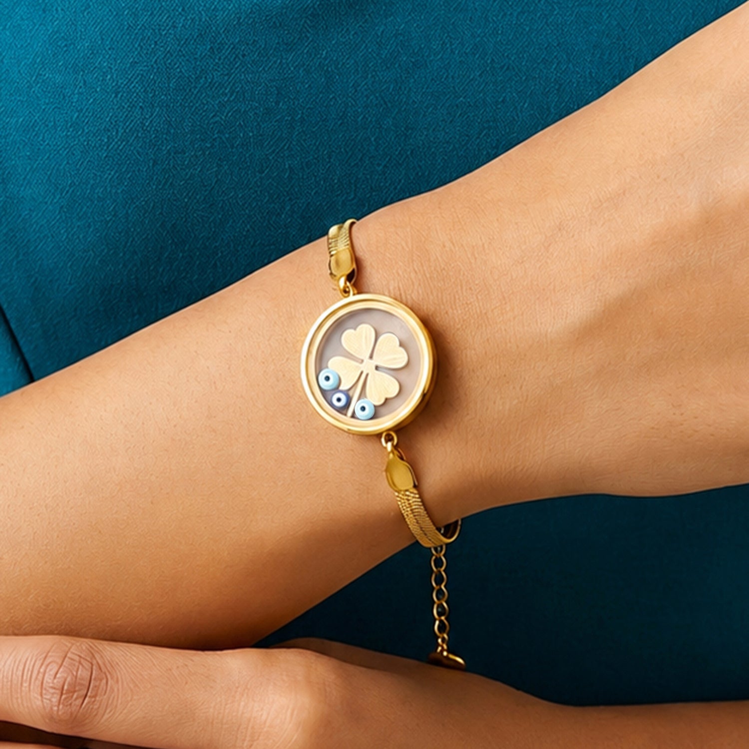 Artklim Gold Plated Evil Eye Clover Charm Anti-Tarnish Bracelet