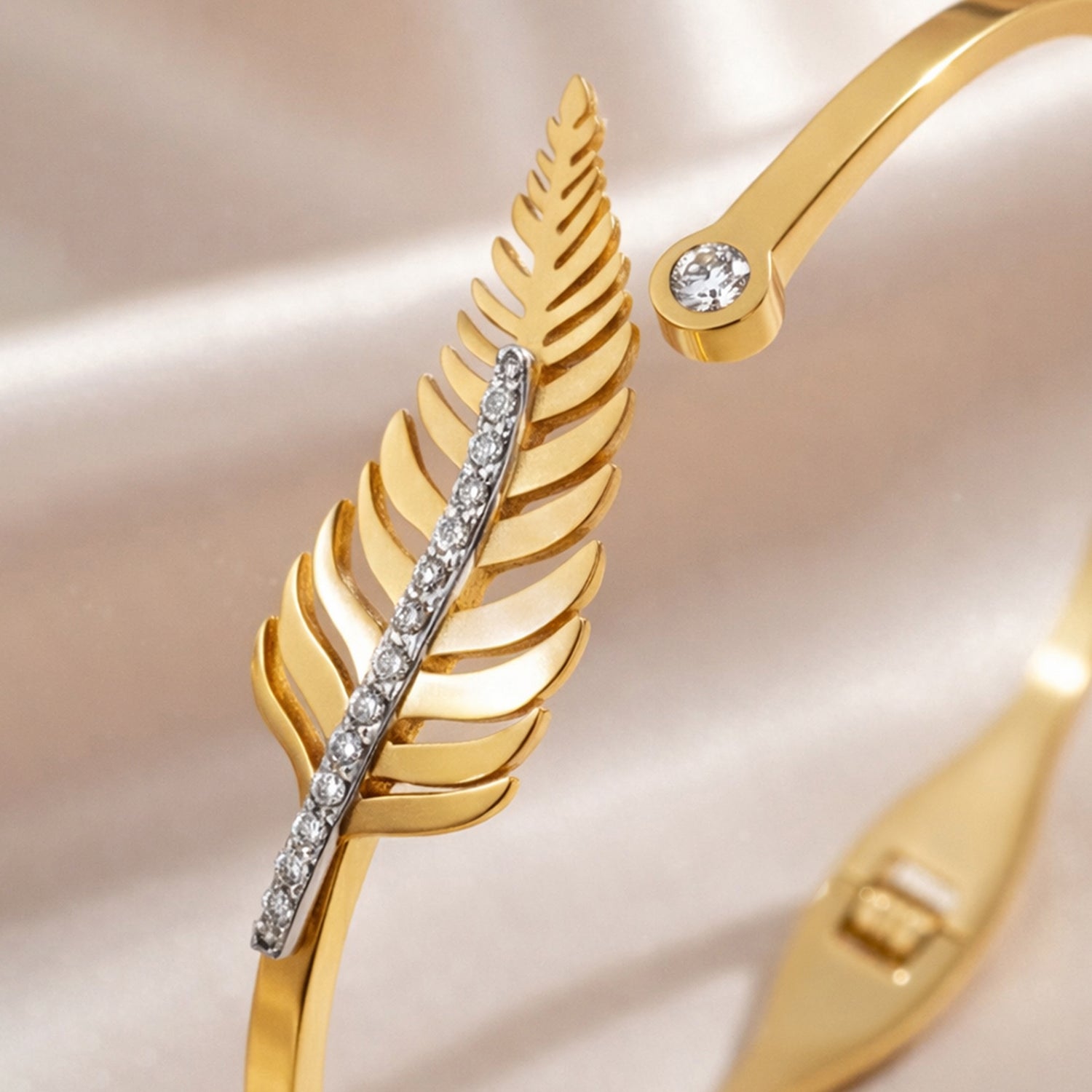 Artklim Gold Plated Leaf Crystal Cuff Anti-Tarnish Bangle Bracelet