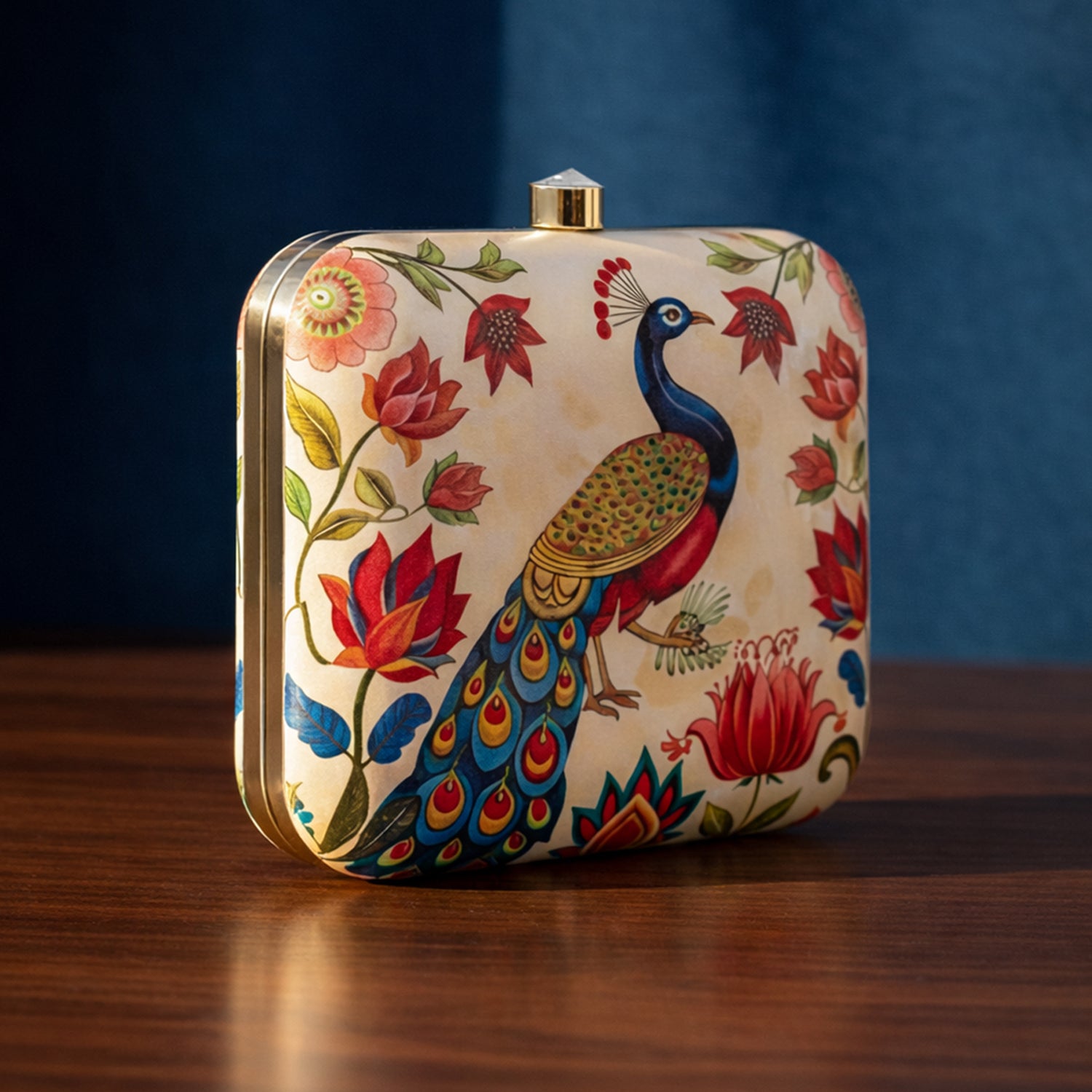 Artklim Biege Based Peacock Printed Clutch