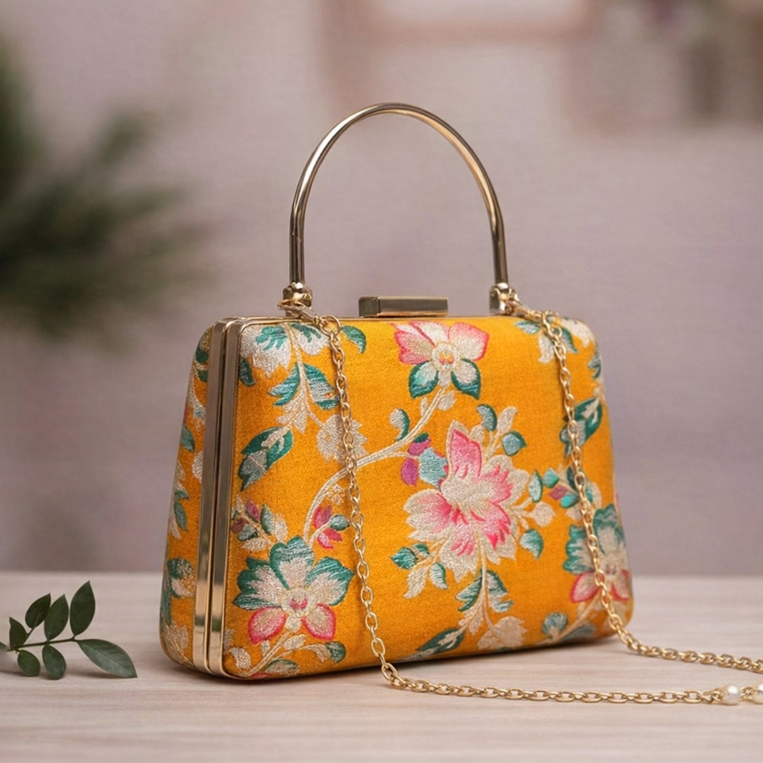 Artklim Yellow Based Pink Floral Printed Brocade Fabric Clutch