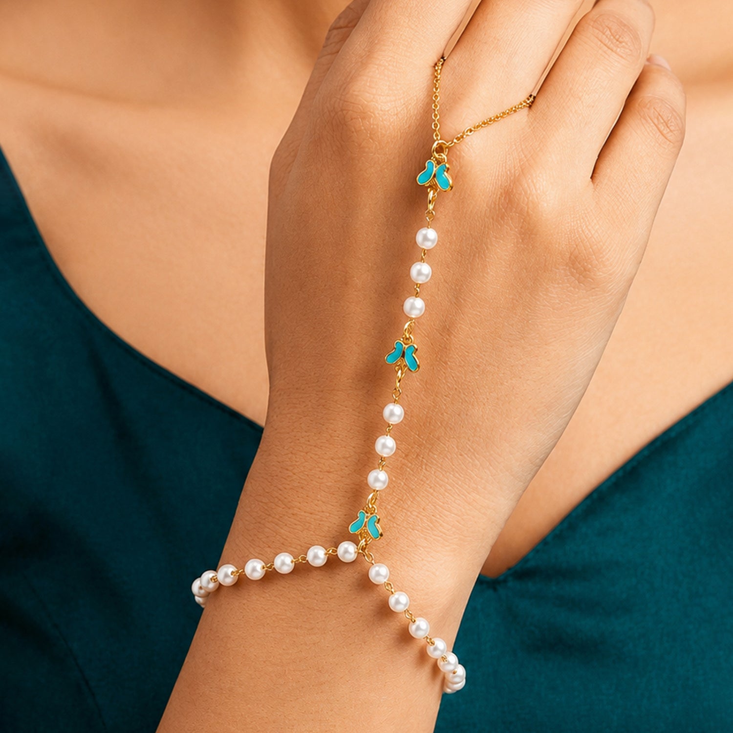 Artklim Gold Plated Pearl Butterfly Hand Harness Anti-Tarnish Hand Chain Bracelet