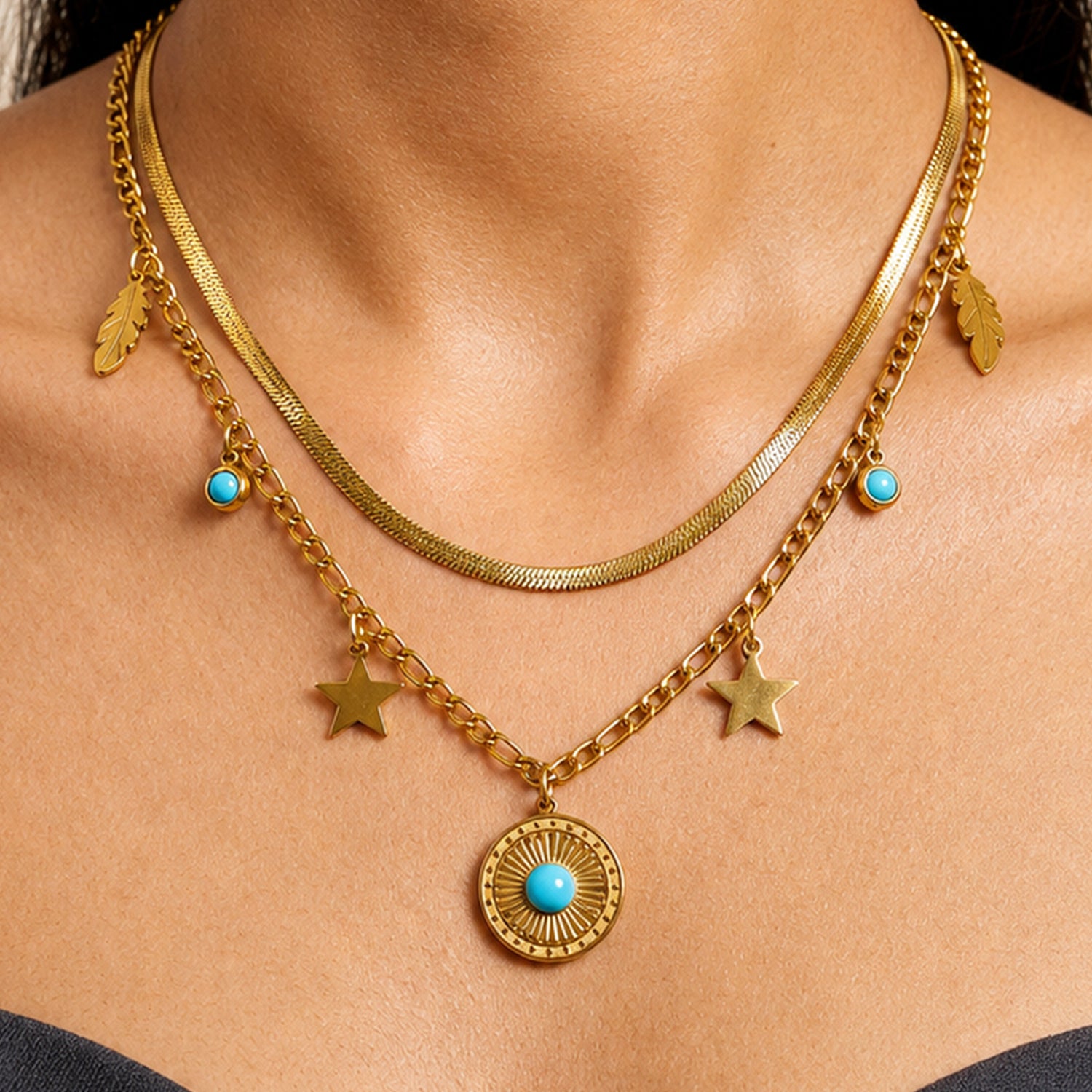 Artklim Celestial Turquoise Charm Gold Anti-Tarnish Pendant Necklace
