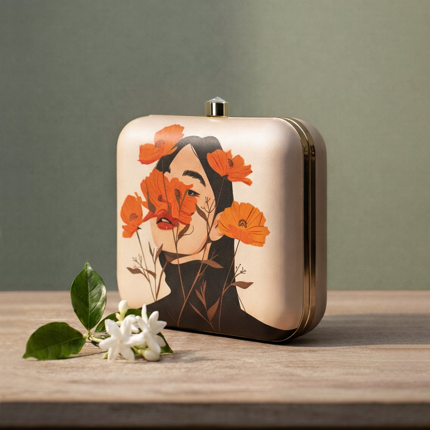 Off White Based Flower Girl Printed Clutch