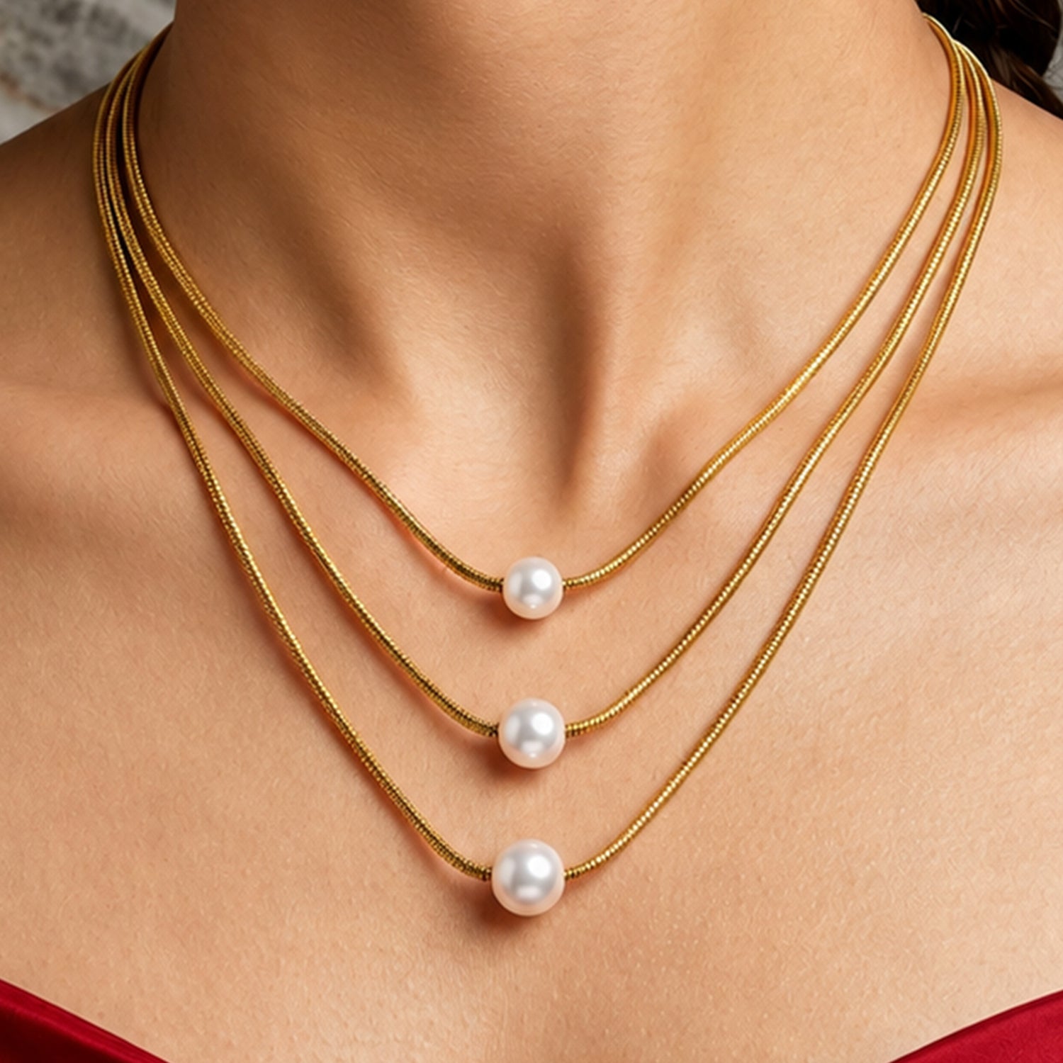 Artklim Triple Pearl Snake Chain Gold Anti-Tarnish Pendant Necklace