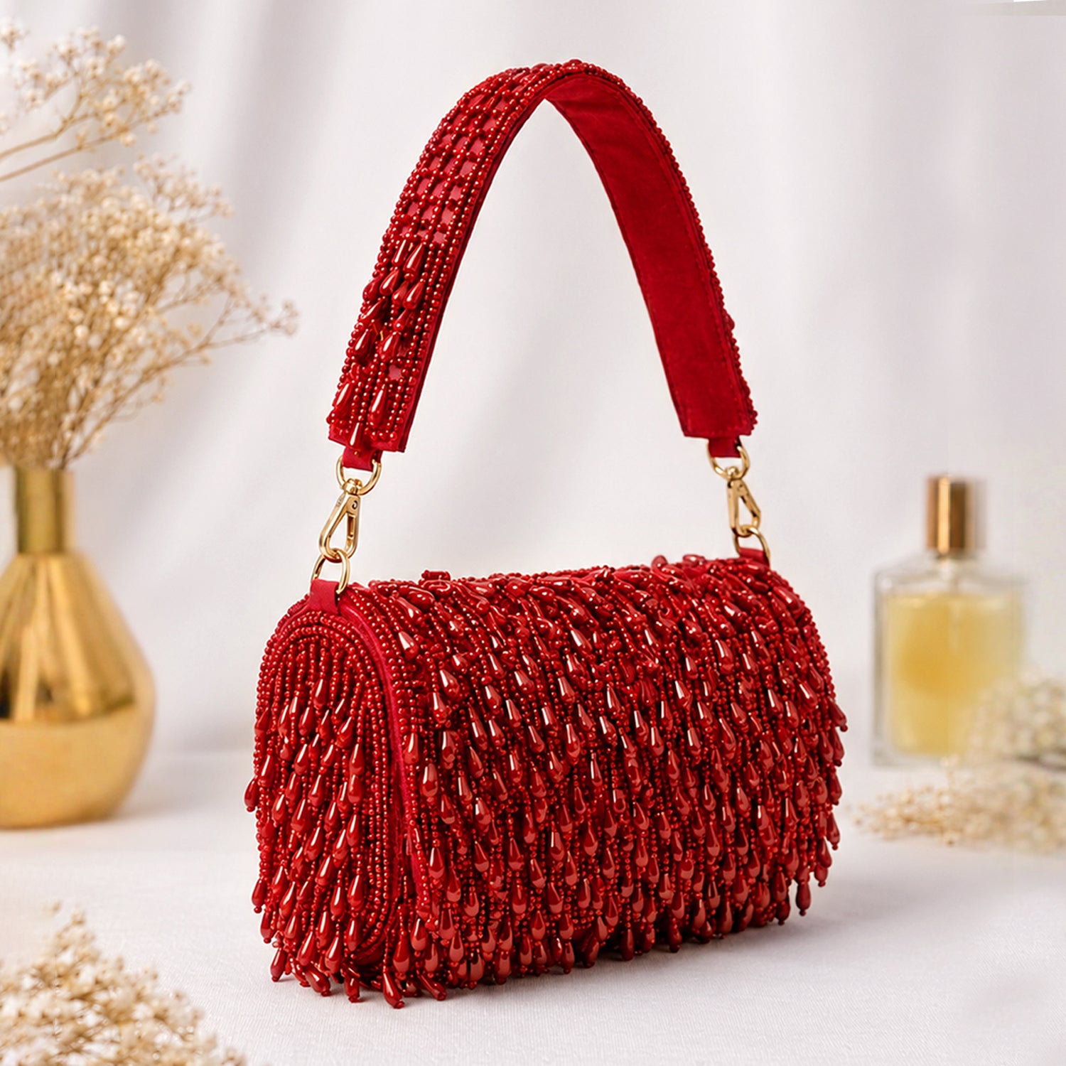 Artklim Ruby Red Handcrafted Beaded Evening Clutch Bag