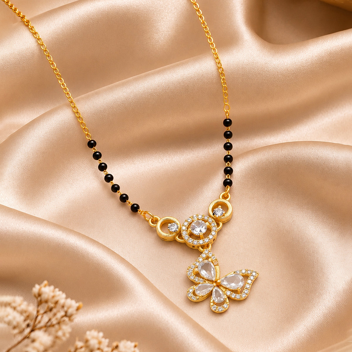 Artklim Elegant Butterfly Pendant CZ Stone Gold-Plated Mangalsutra with Black Beads