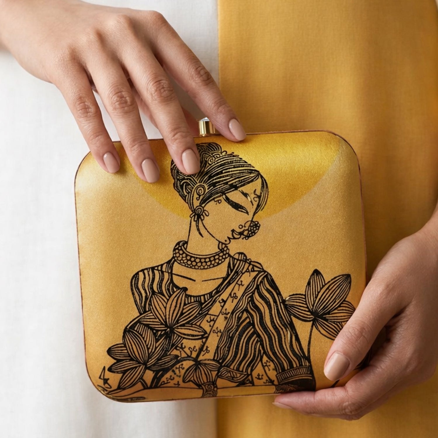 Artklim Golden Minimalist Art Printed Clutch