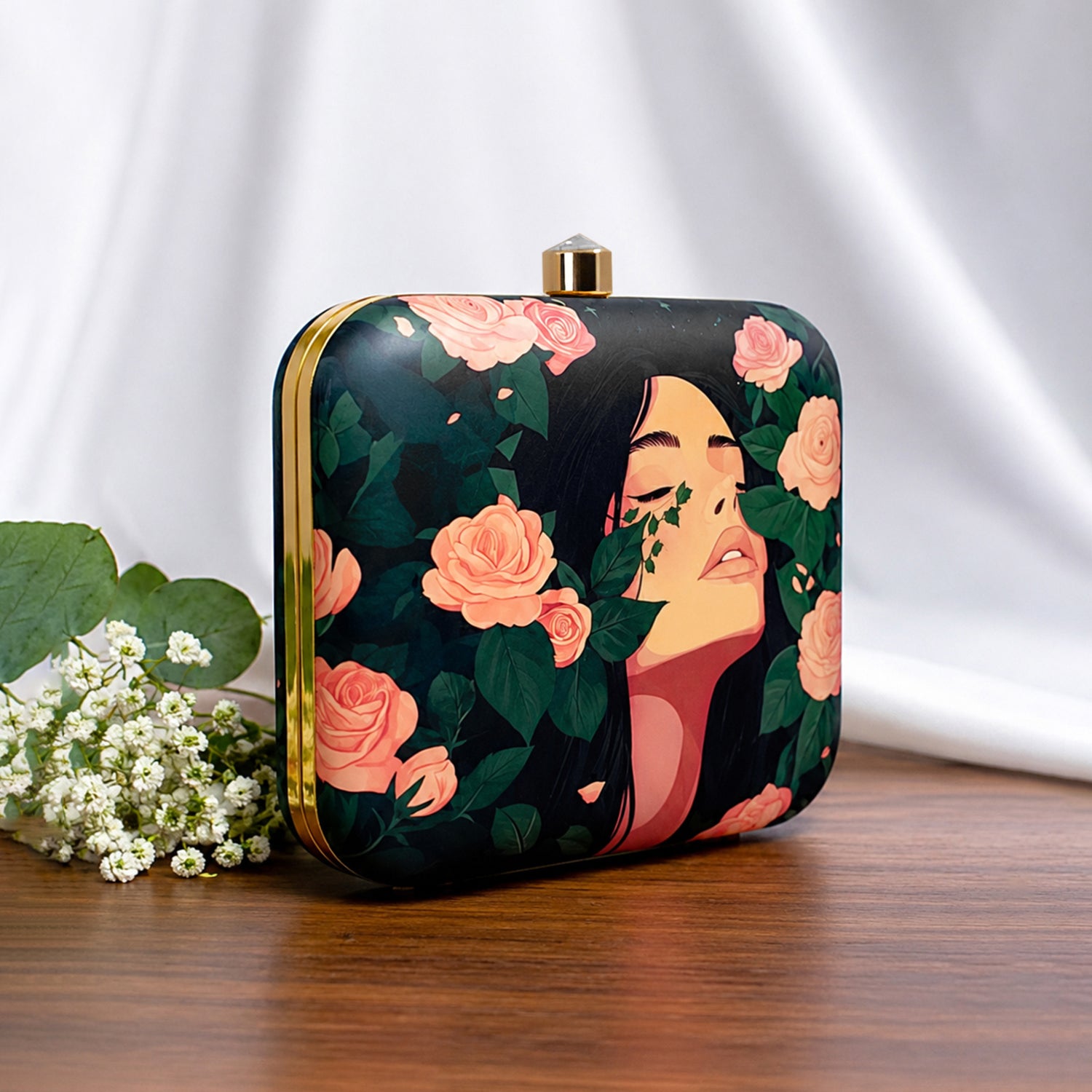 Artklim Rose And Girl Portrait Printed Clutch