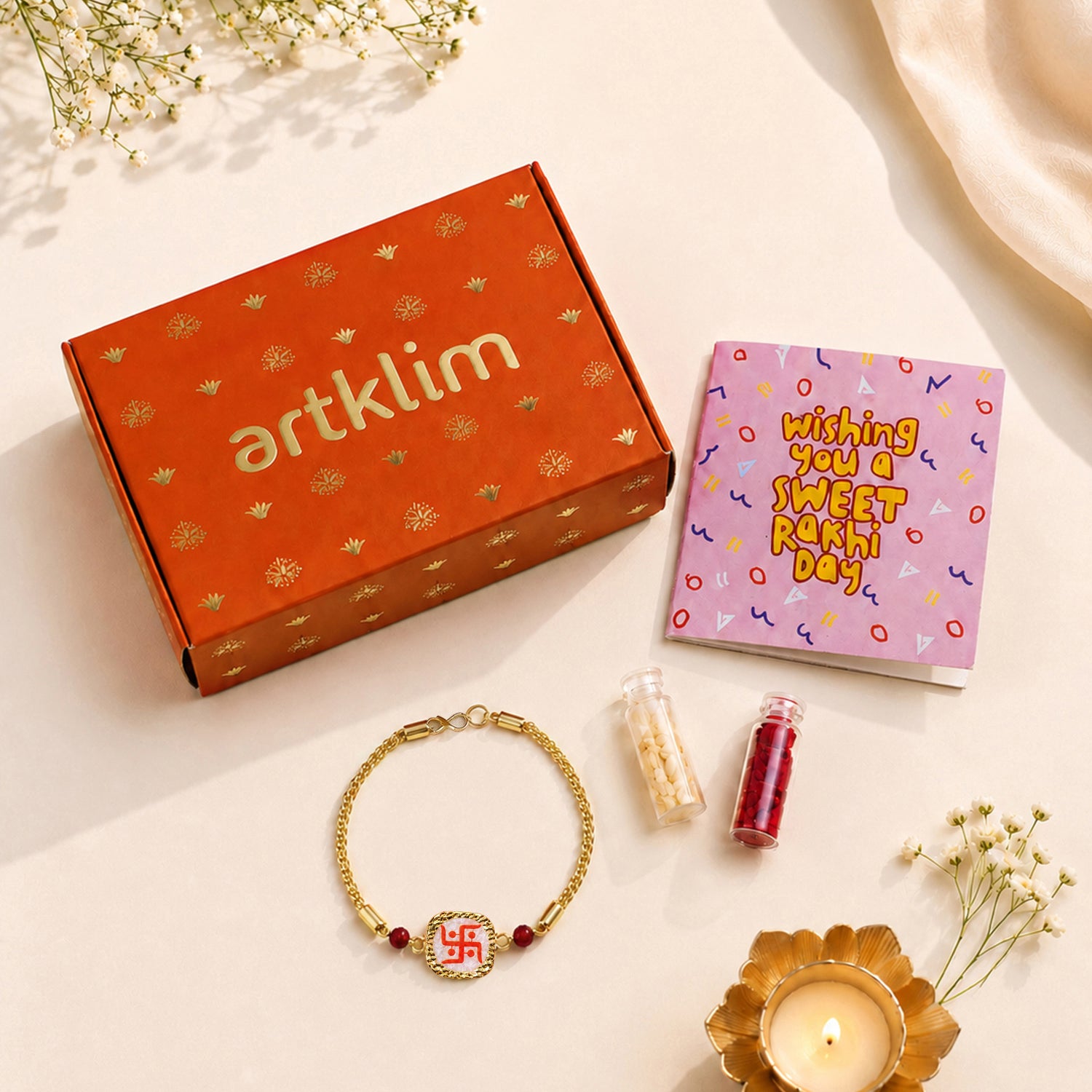 Artklim Traditional Swastik Charm Rakhi with Red Beads