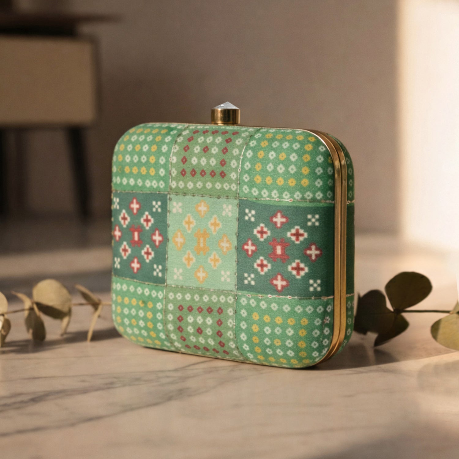 Artklim Women’s Green Ethnic Patchwork Box Embroidred Clutch