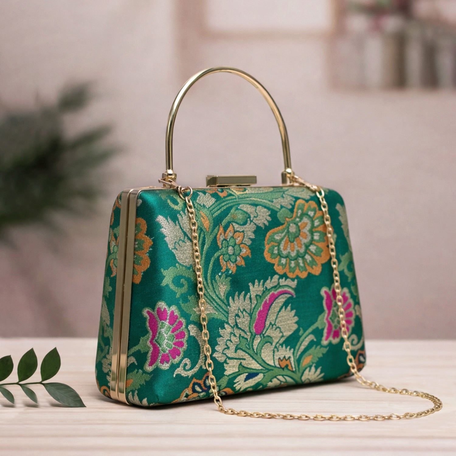 Artklim Dark Green Based Floral Pattern Printed Brocade Fabric Clutch