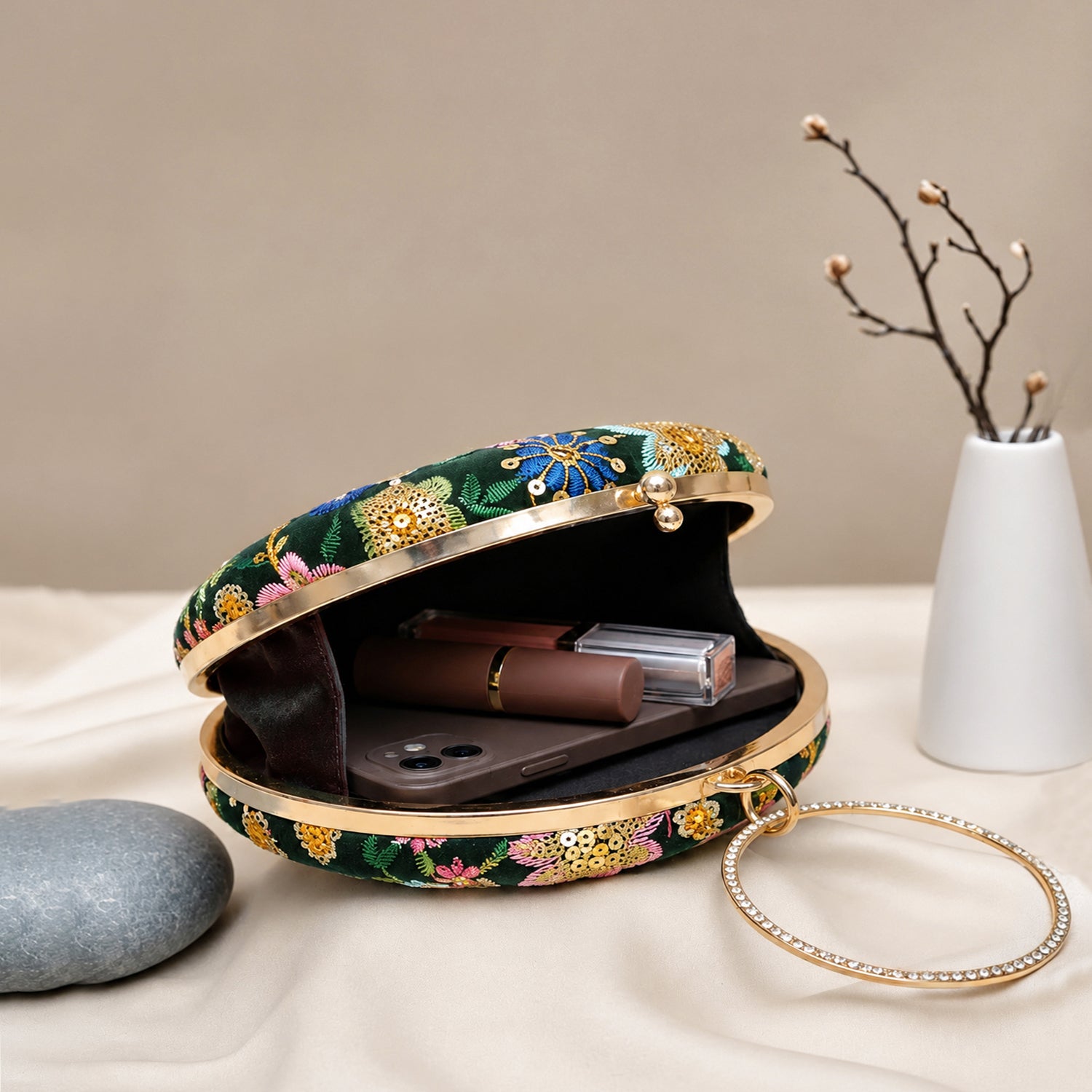 Green Floral Embroidery Round Clutch