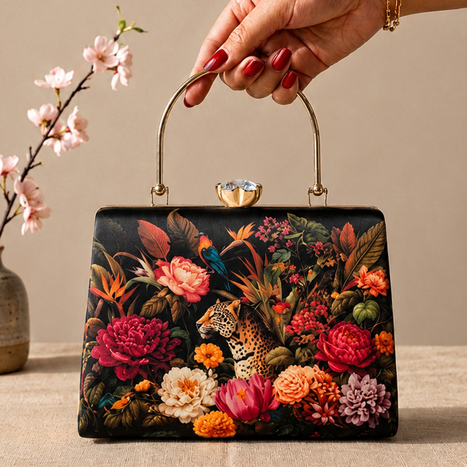 Artklim Printed Wild Garden Leopard Artistic Luxury Clutch with Hand Embroidery