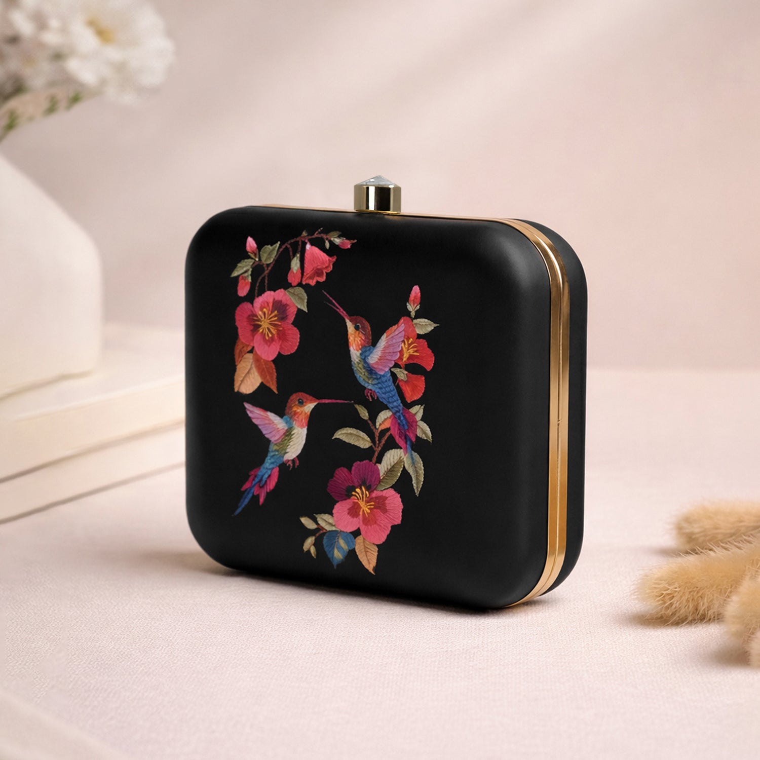 Artklim Black Based Bird And Flowers Printed Clutch