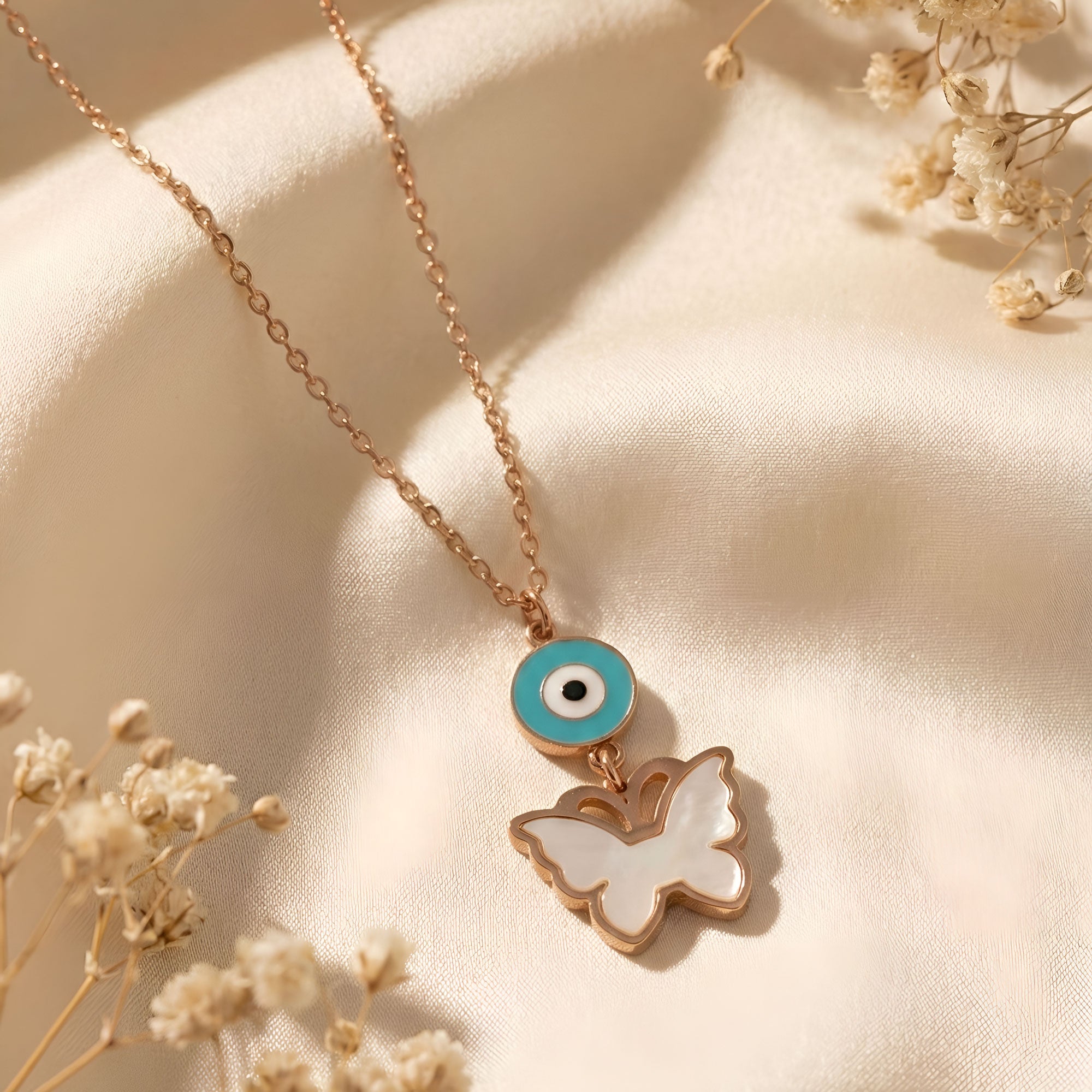 Artklim Gold-Plated Protective Evil Eye with Butterfly Drop Pendant Necklace