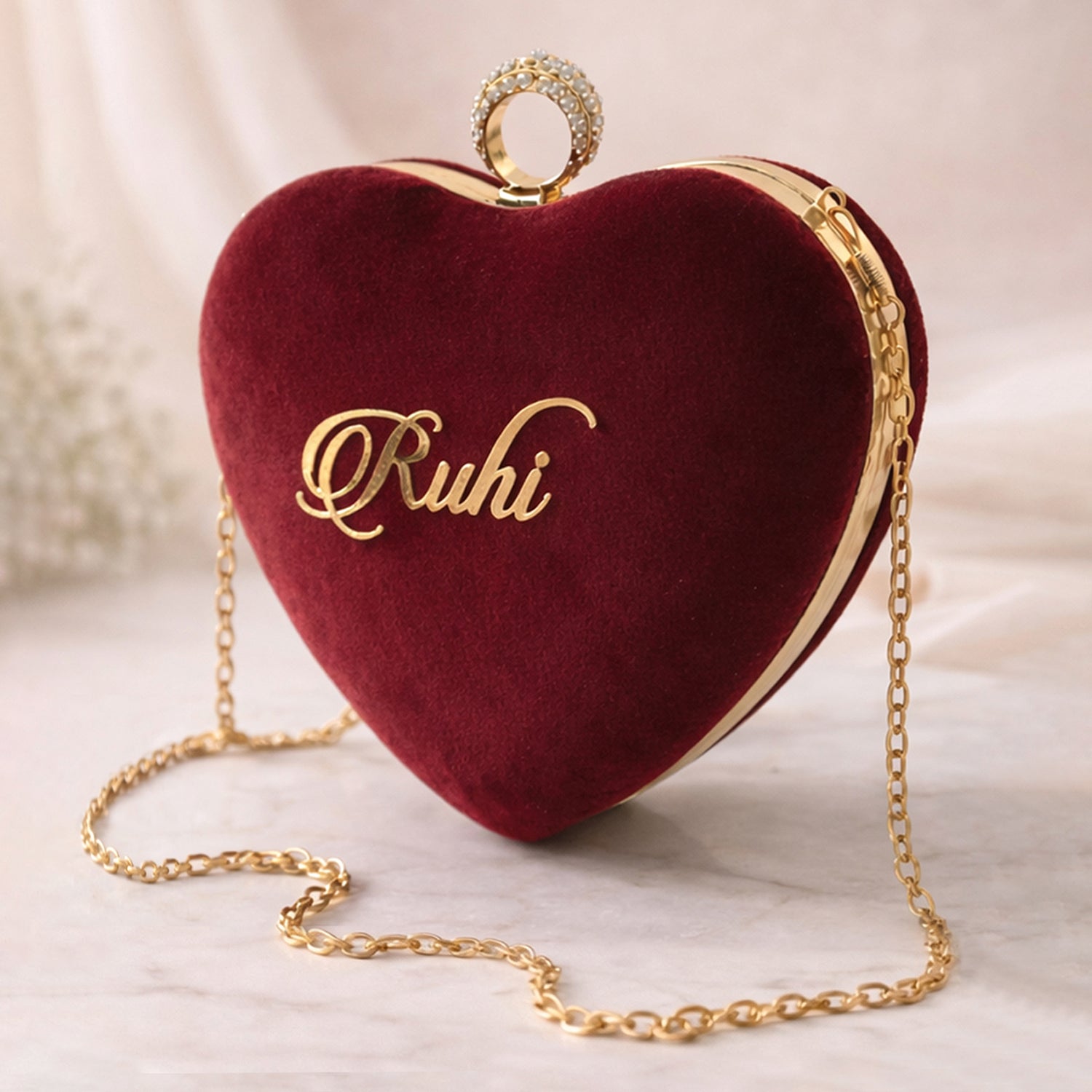 Artklim Maroon Heart-Shaped Velvet Name Customized Clutch