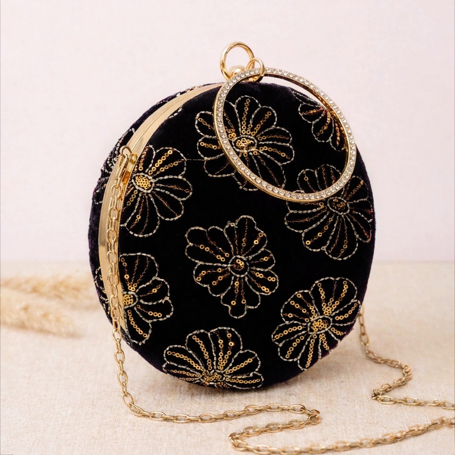 Artklim Midnight Noir Velvet Floral Embroidery Clutch