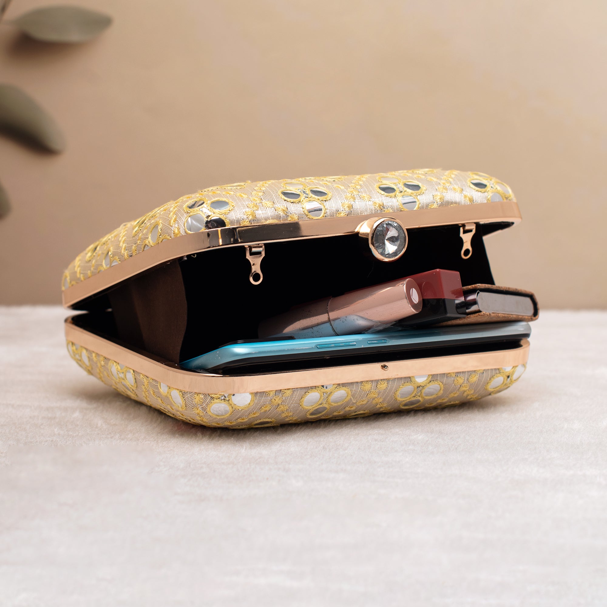 Artklim White with red–gold Bloom Embroidered Clutch