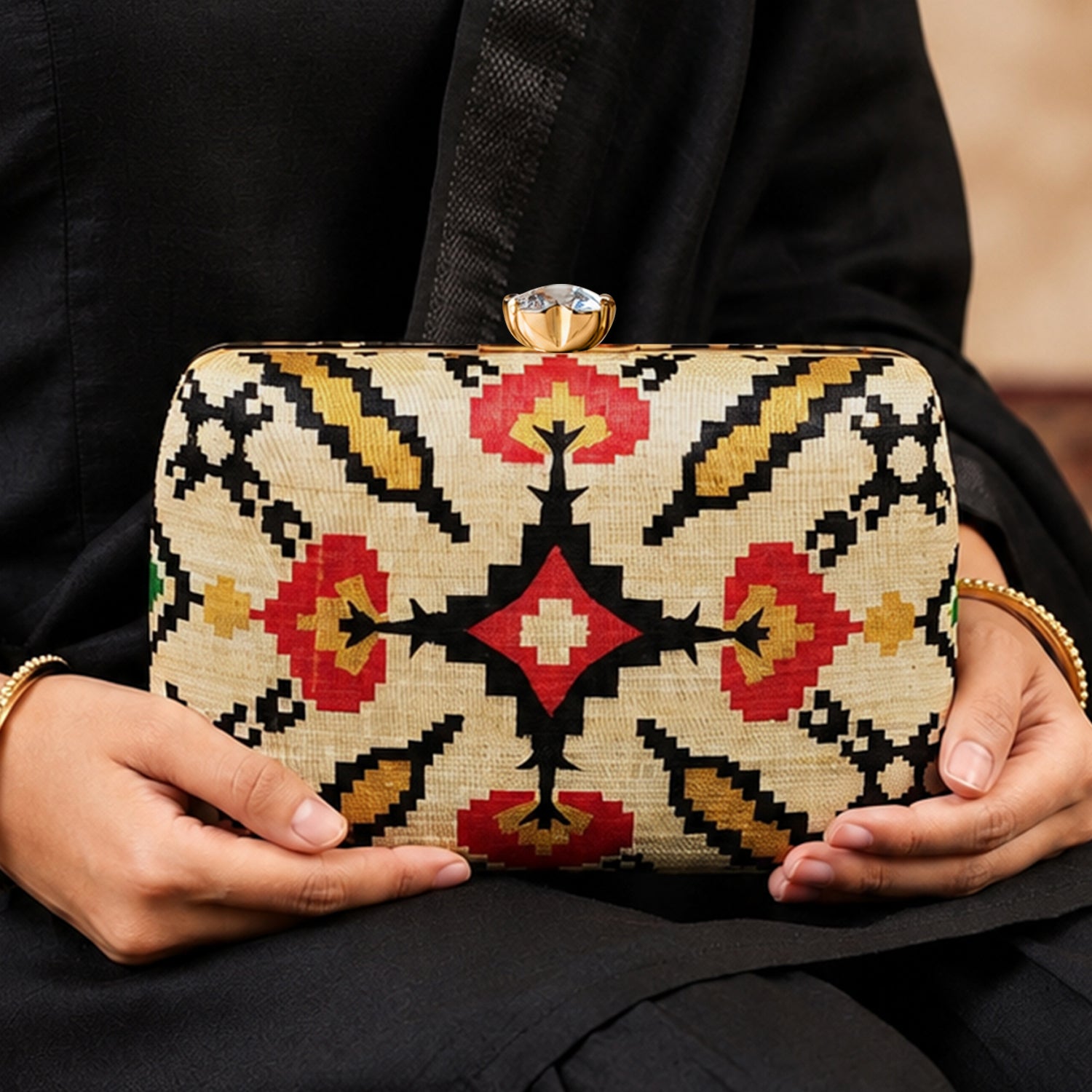 Artklim Ivory Red Ethnic Geometric Floral Pattern Printed Clutch