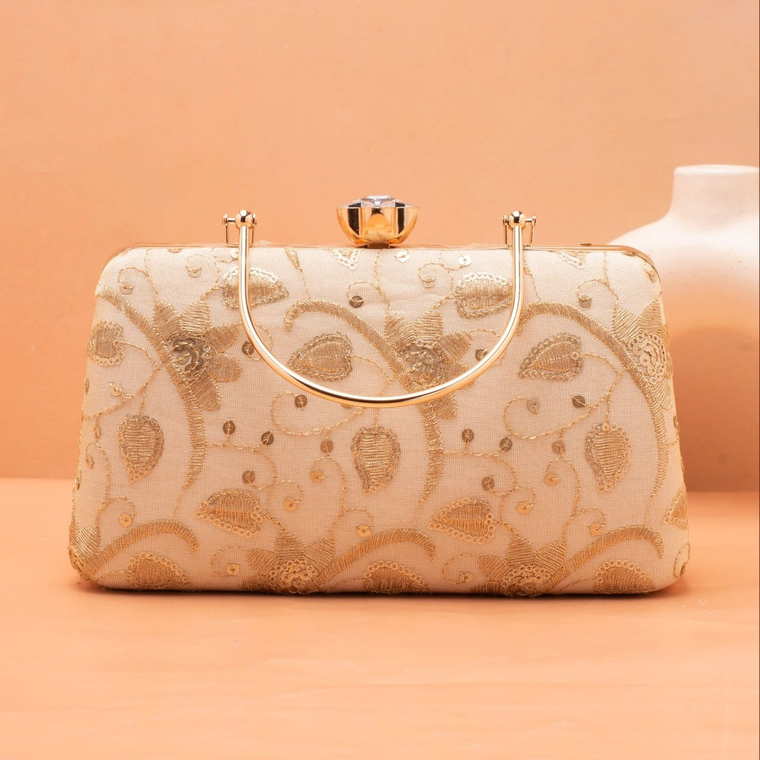 Artkim Off White Base Sequins And Threadwork Embroidery Clutch