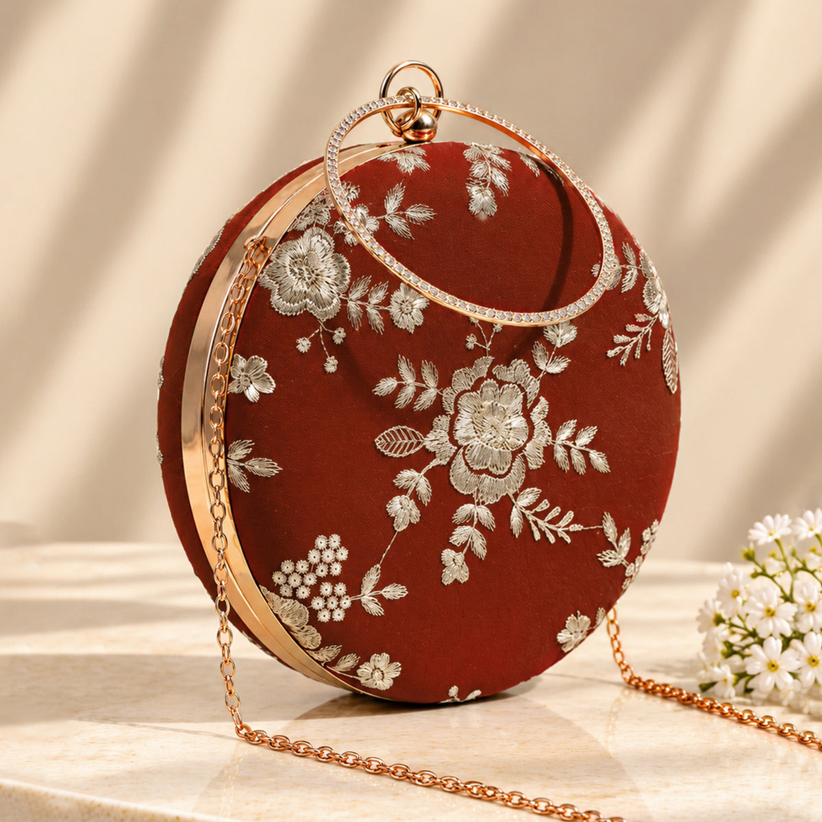 Artklim Luxury Rust Brown Floral Embroidered Round Clutch Bag with Golden Crystal Ring Handle