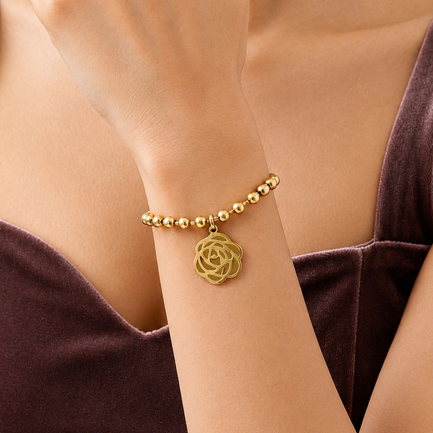 Artklim Gold Rose Charm Adjustable Bracelet Anti-Tarnish Bracelet