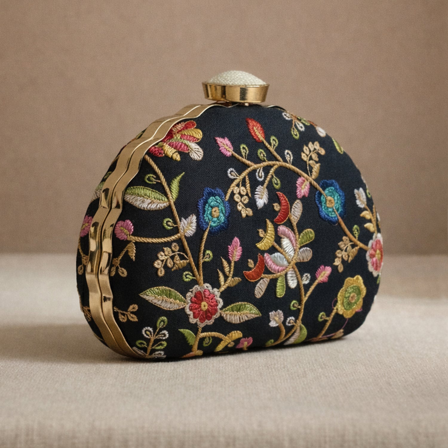 Artklim Black Ethnic Floral Embroidered Clutch