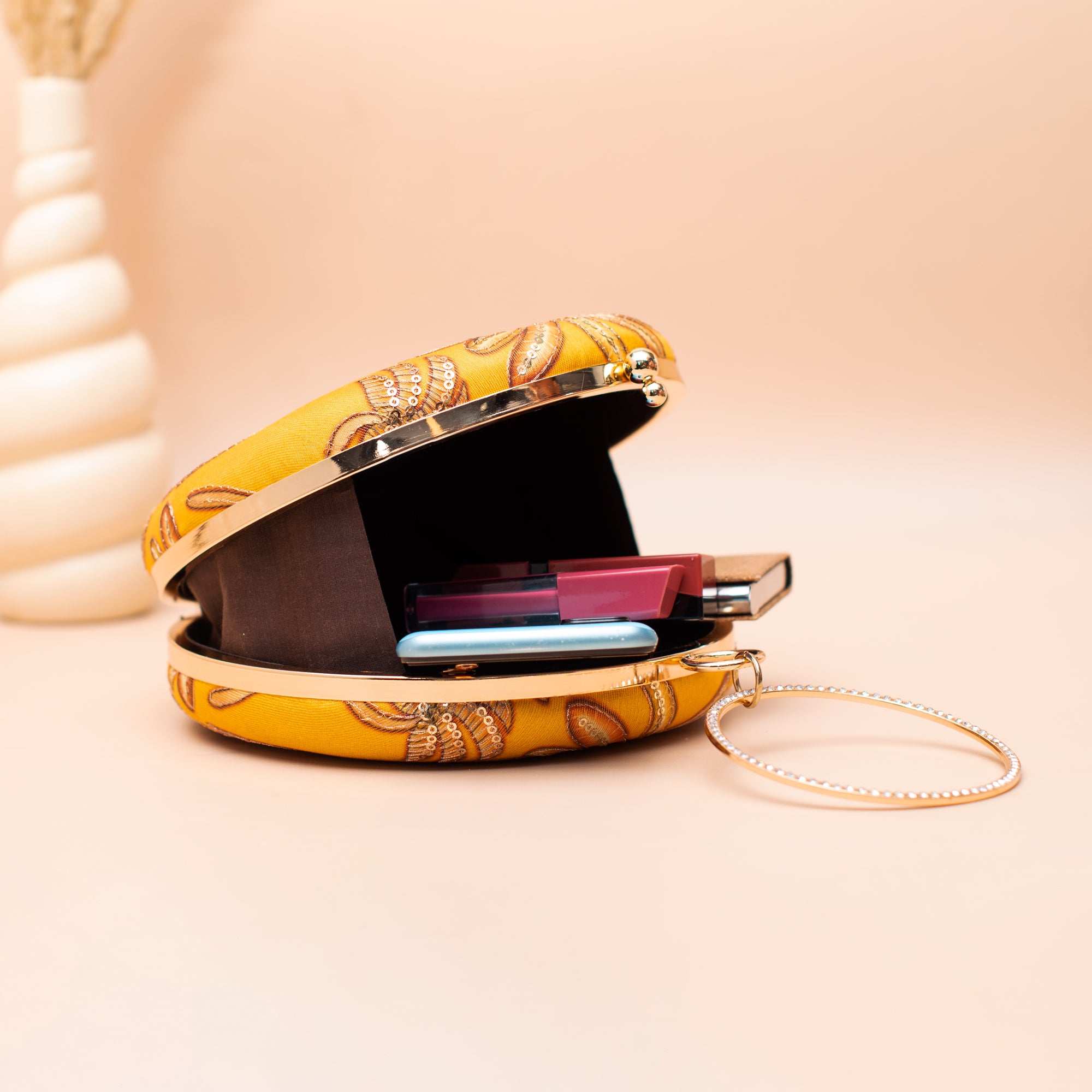Artklim Yellow Elephant Embroidered Round Clutch
