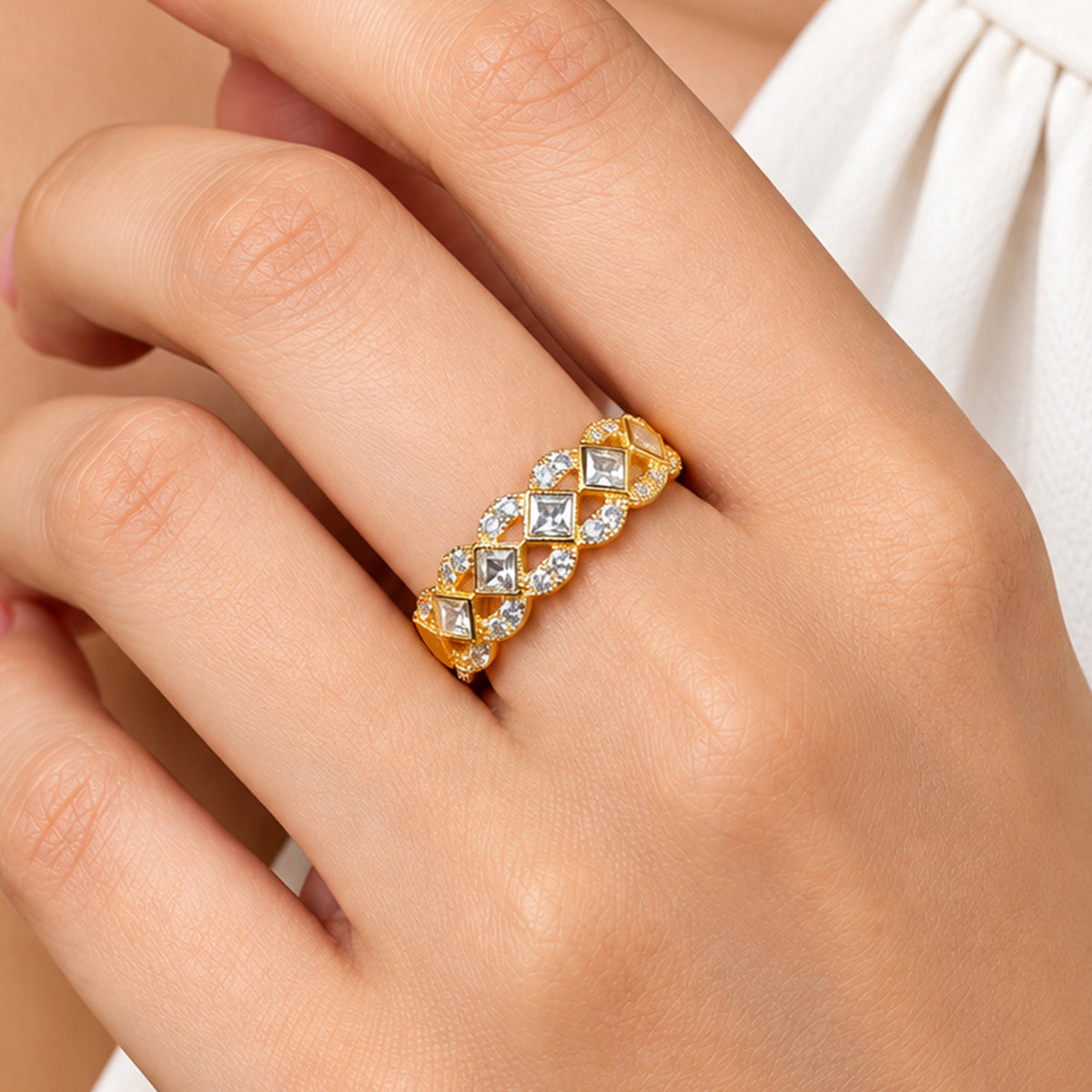 Artklim Square Crystal Link Gold-Tone Anti-Tarnish Ring