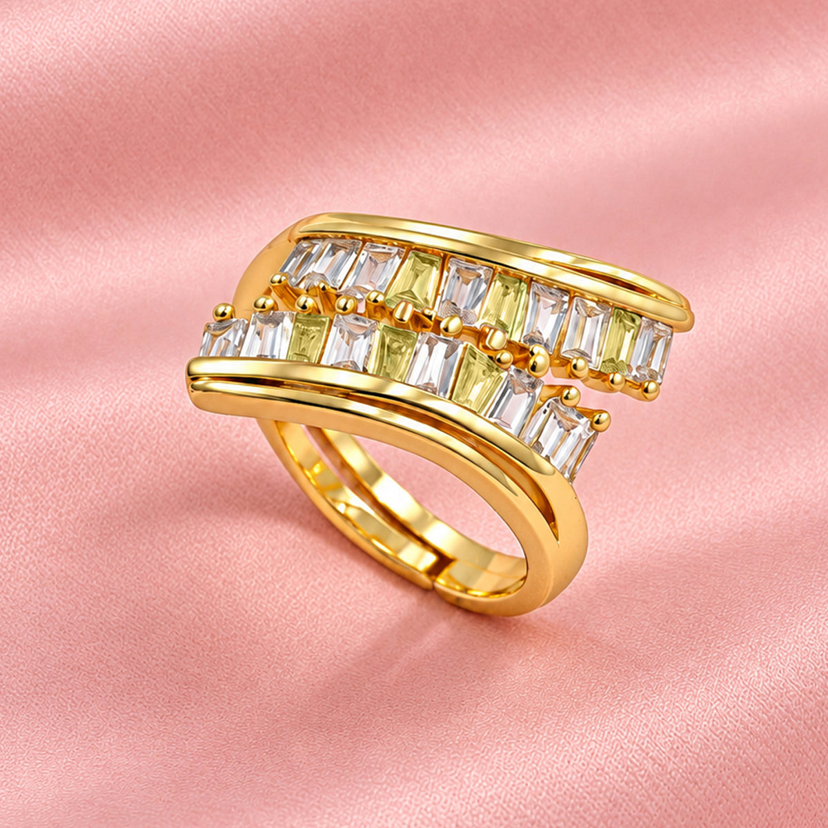 Artklim Elegant Double Row Baguette Crystal Gold-Tone Anti-Tarnish Ring