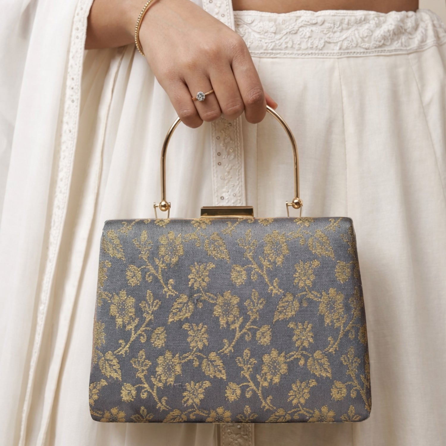 Artklim Soft Grey & Gold Floral Classic Embroidery clutch