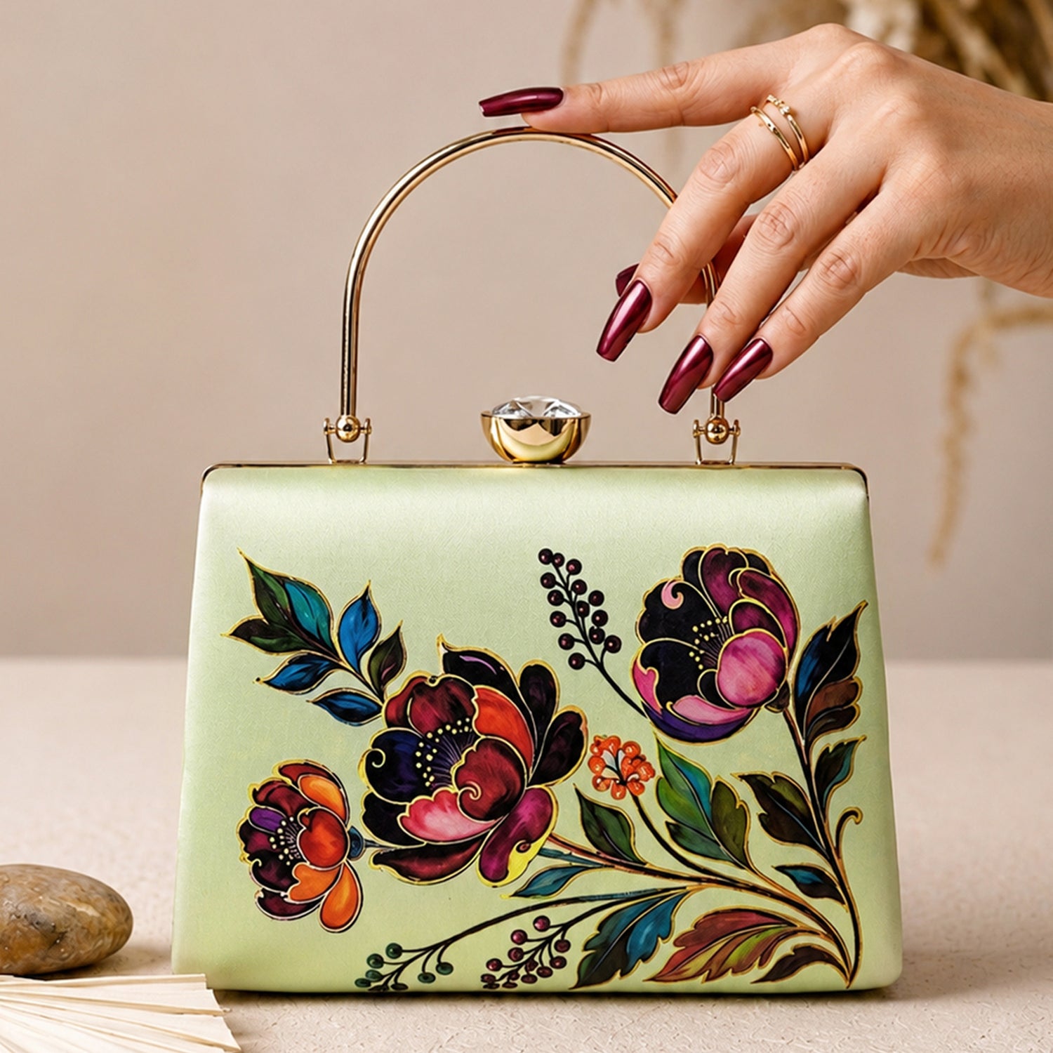 Artklim Green Floral Embroidered Designer Clutch
