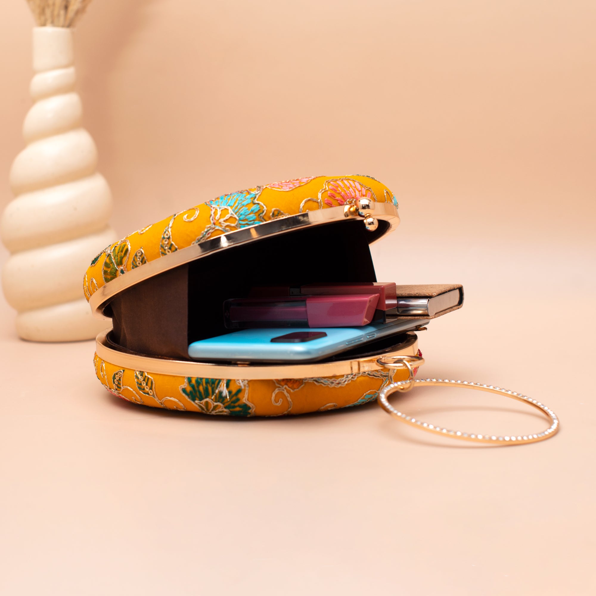 Artklim Yellow Floral Embroidered Clutch