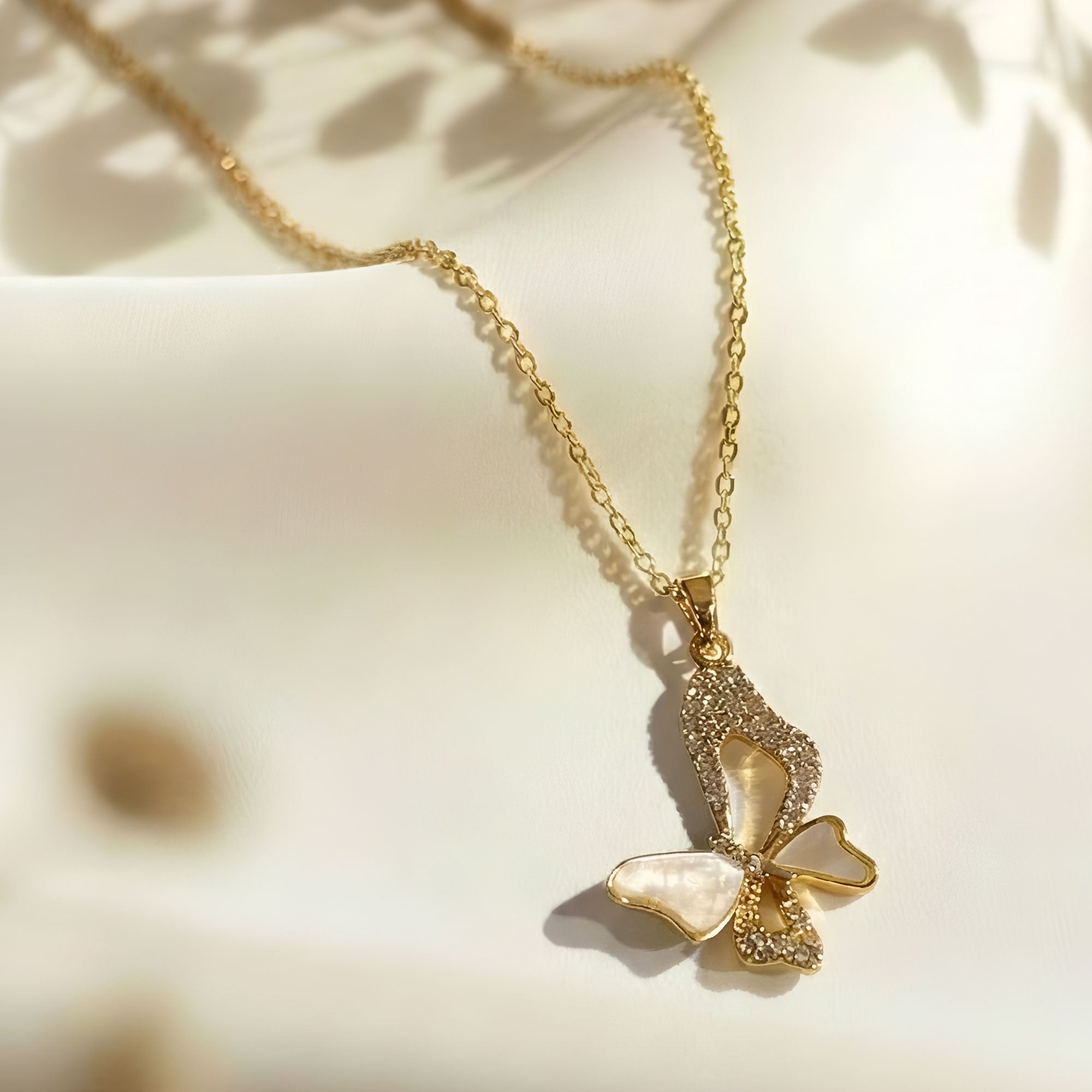 Artklim Gold-Plated Elegant Pearl Finish Butterfly Crystal Anti-Tarnish Pendant Necklace
