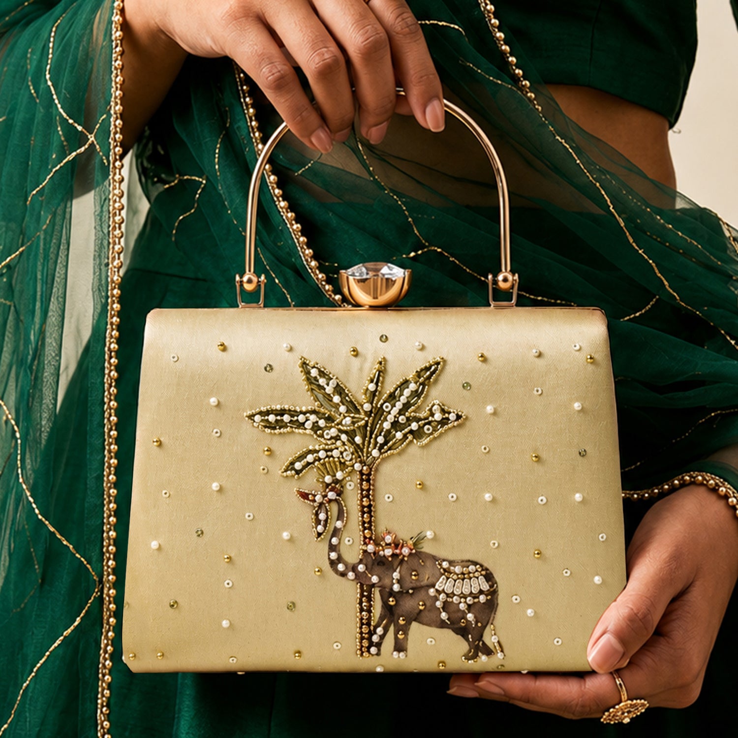 Artklim Majestic Elephant Palm Embellished Clutch