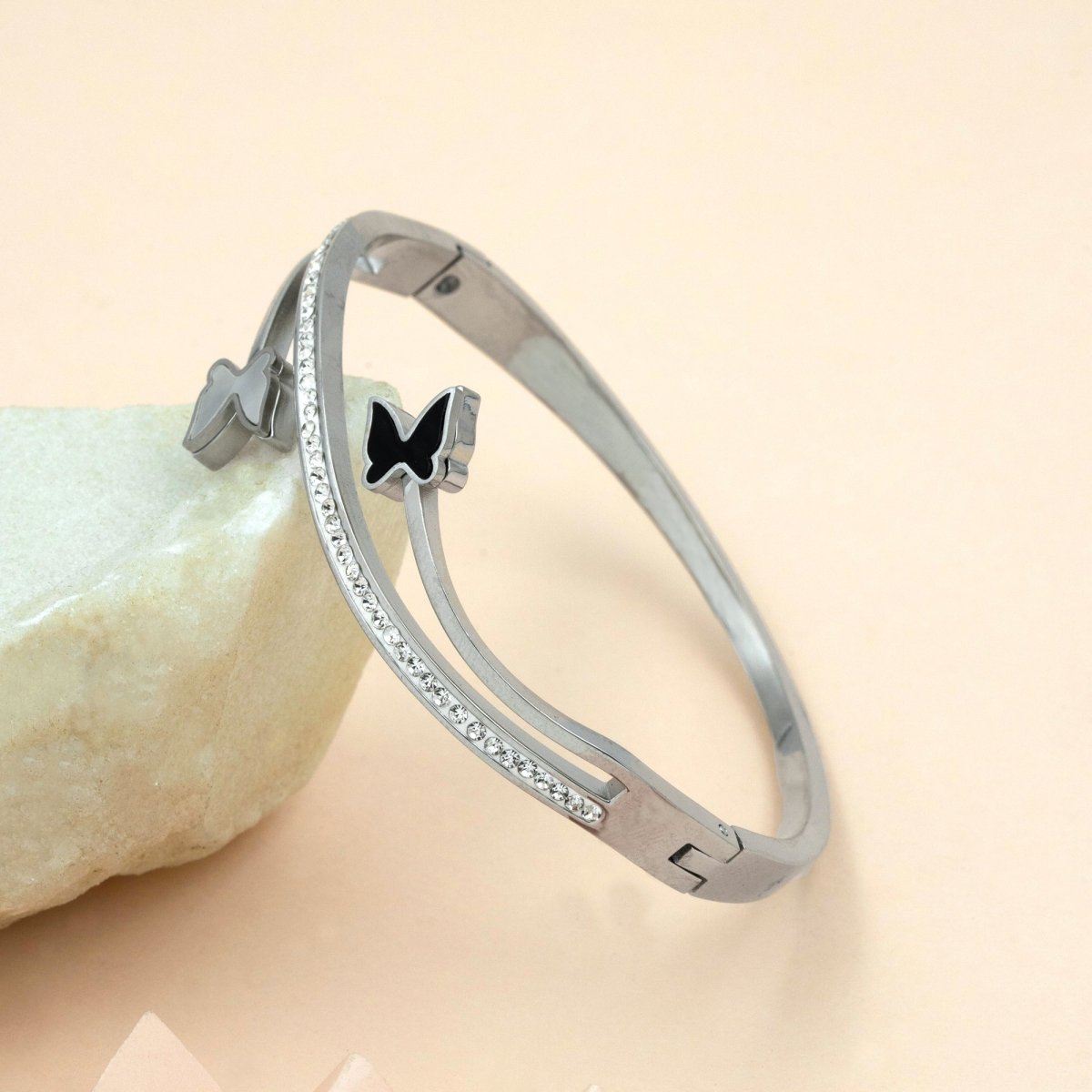 Artklim Silver Plated Black And White Butterfly Bangle Bracelet