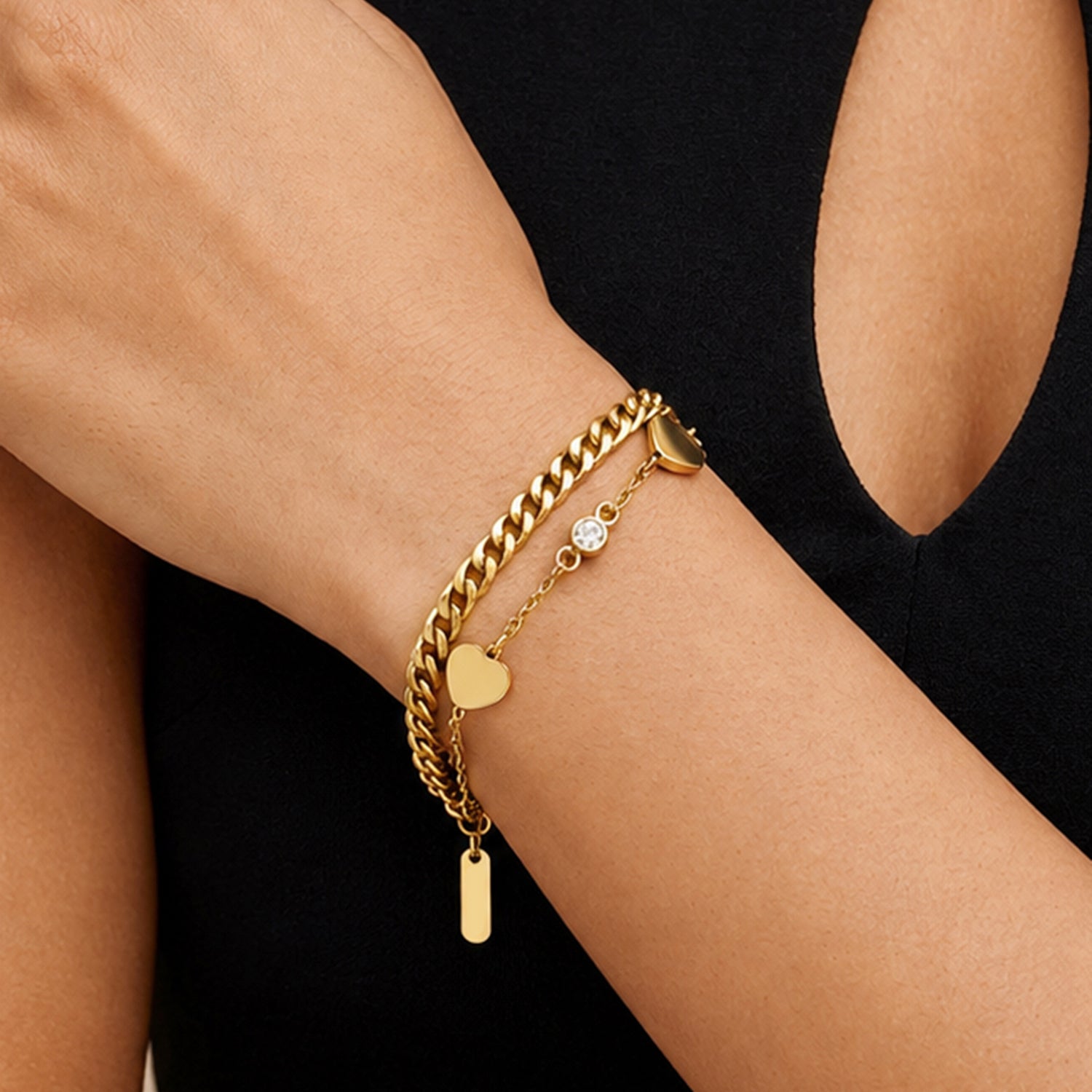 Artklim Double Layer Heart Chain Crystal Anti-Tarnish Bracelet