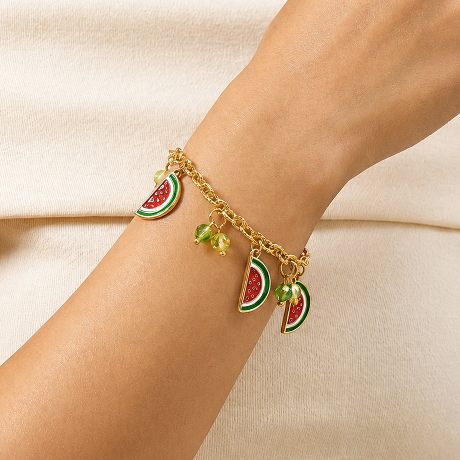 Artklim Watermelon Slice Crystal Charm Gold Anti-Tarnish Bracelet