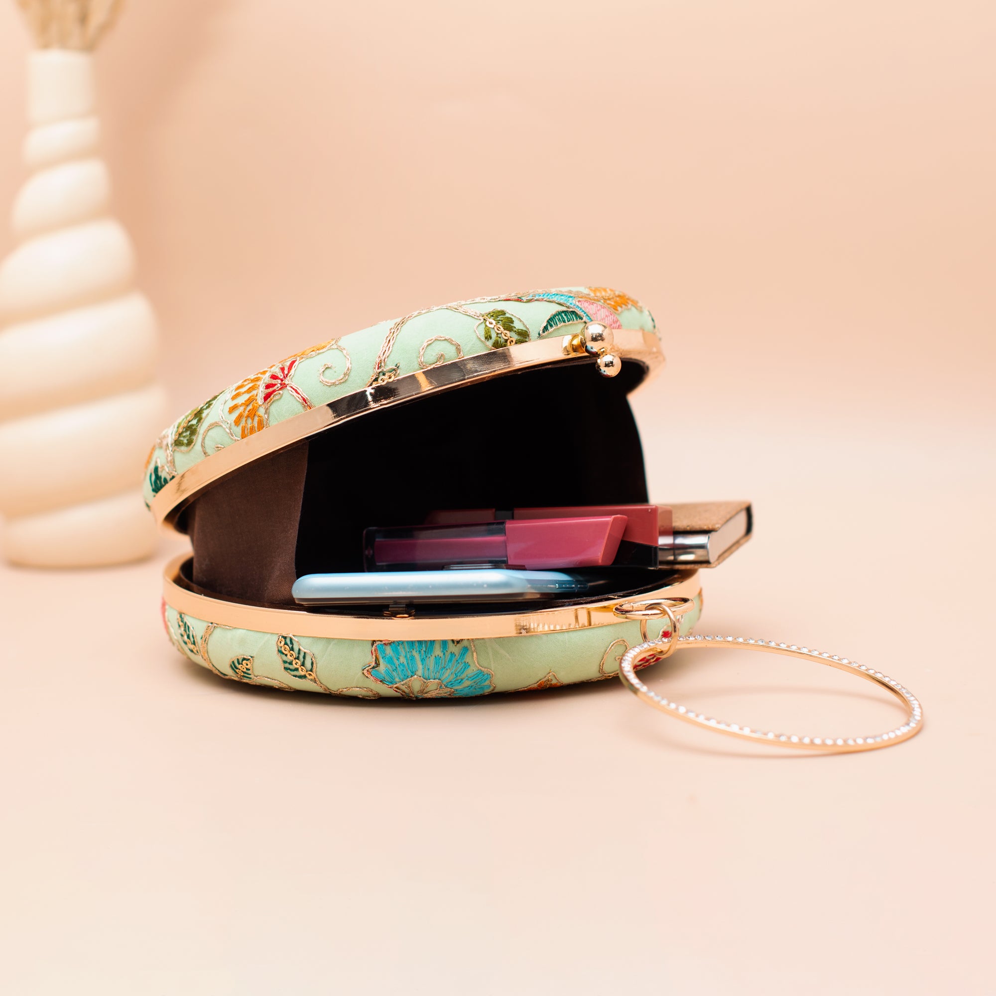 Artklim Mint Green Peacock Embroidered Clutch