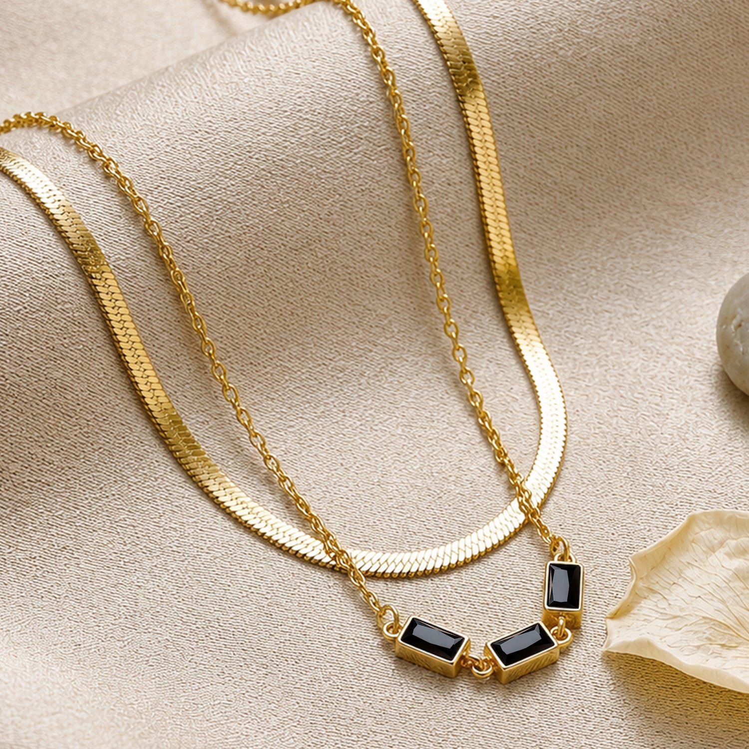 Artklim Black Rectangular Stone Layered Anti-Tarnish Pendant Necklace