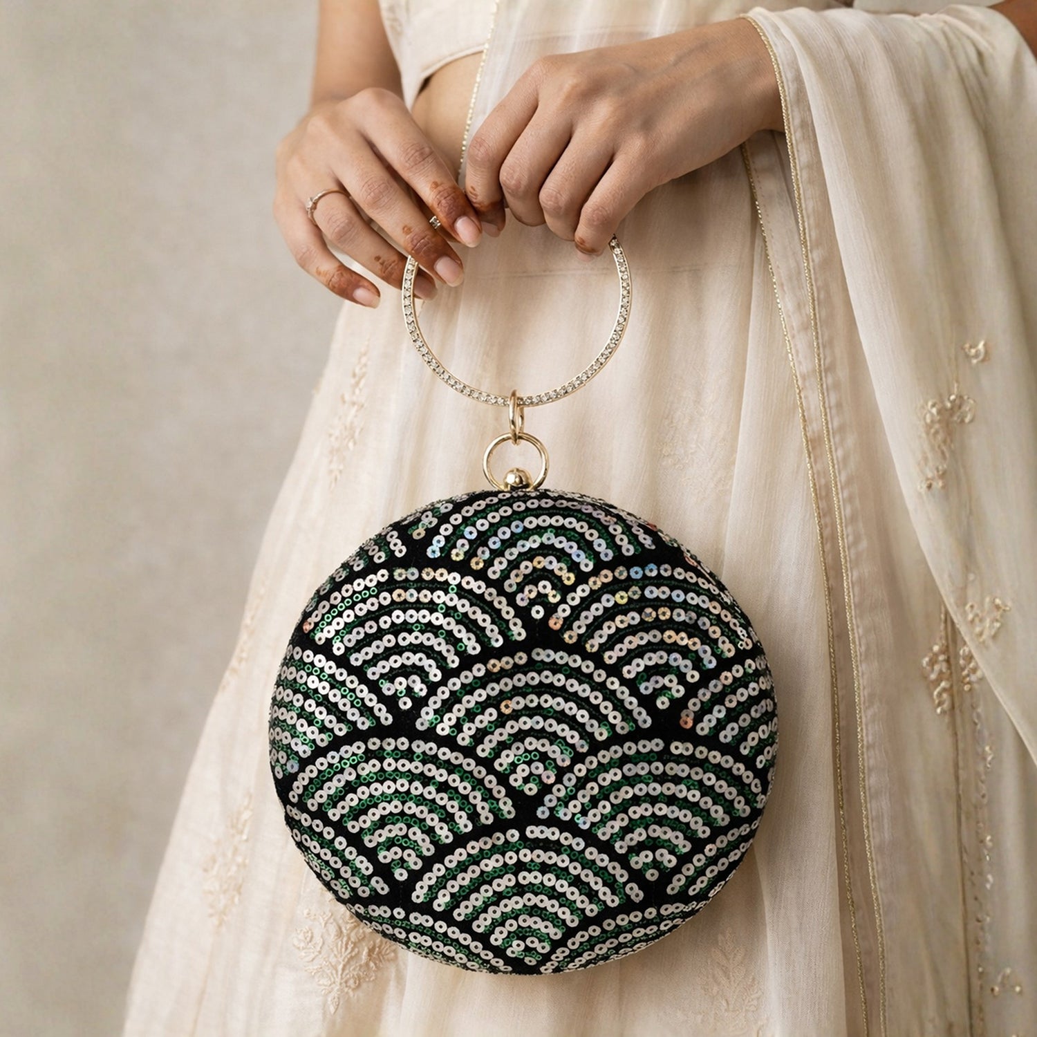 Artklim Stylish Green & Gold Sequin Embroidery Clutch