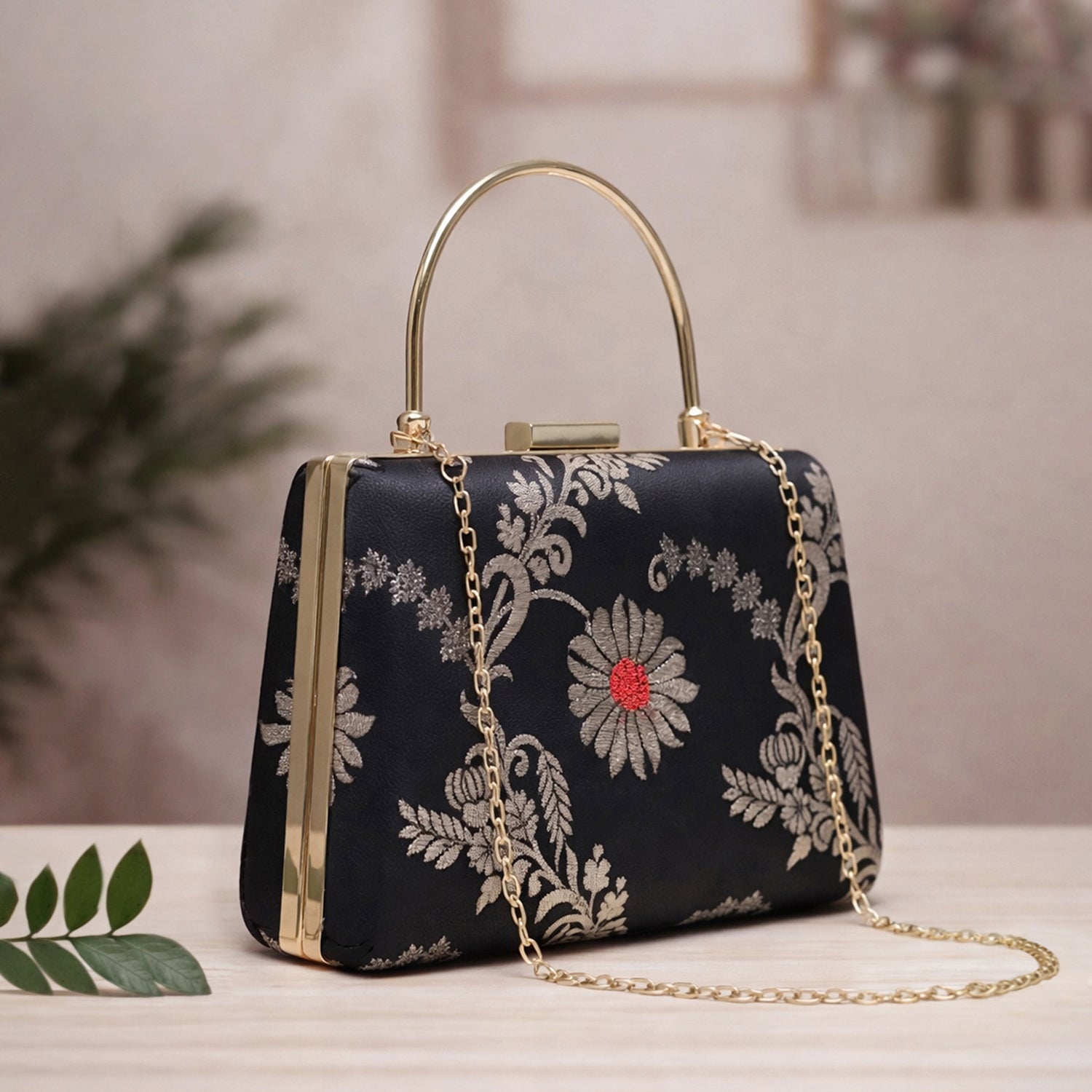 Artklim Black Based Silver Floral Pattern Brocade Fabric Clutch