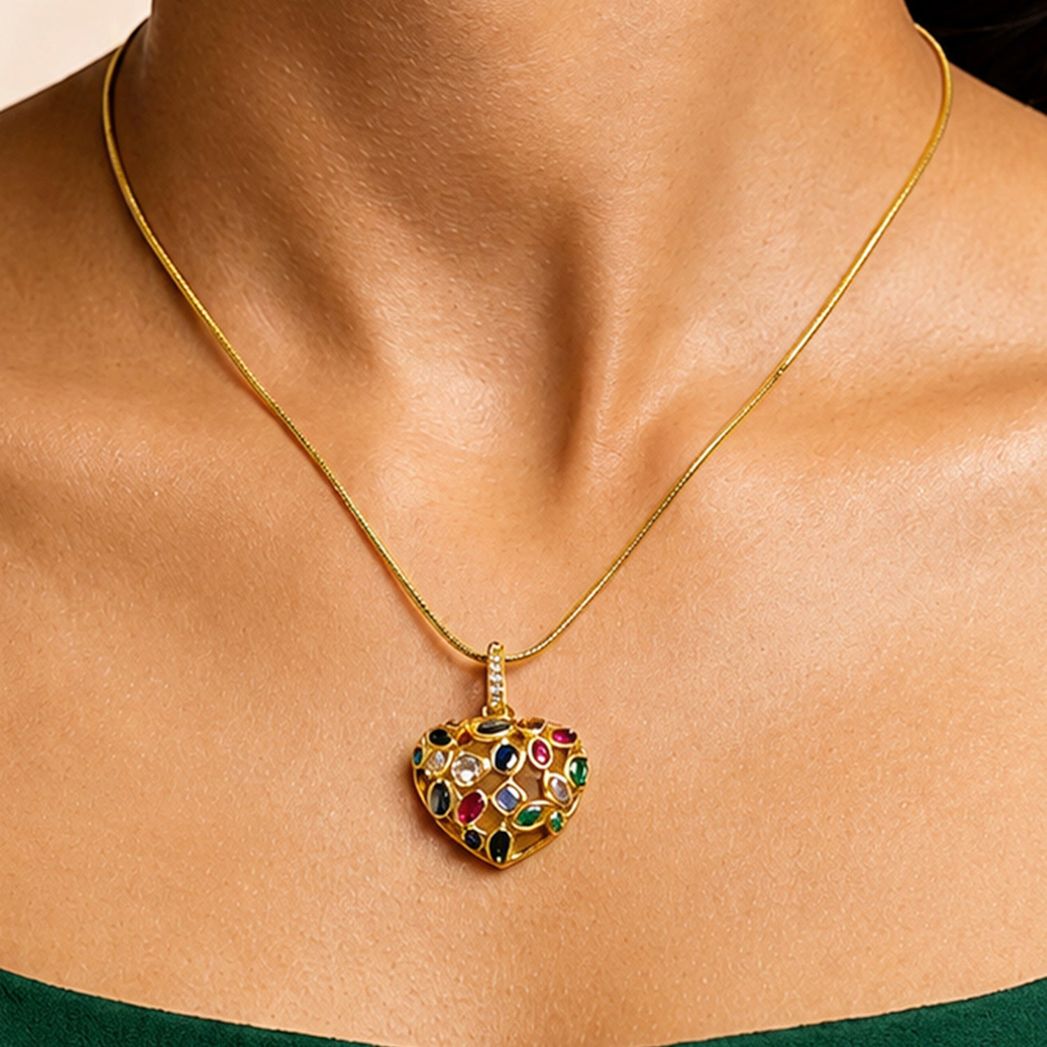 Artklim Rainbow Gem Heart Charm Anti-Tarnish Pendant Necklace